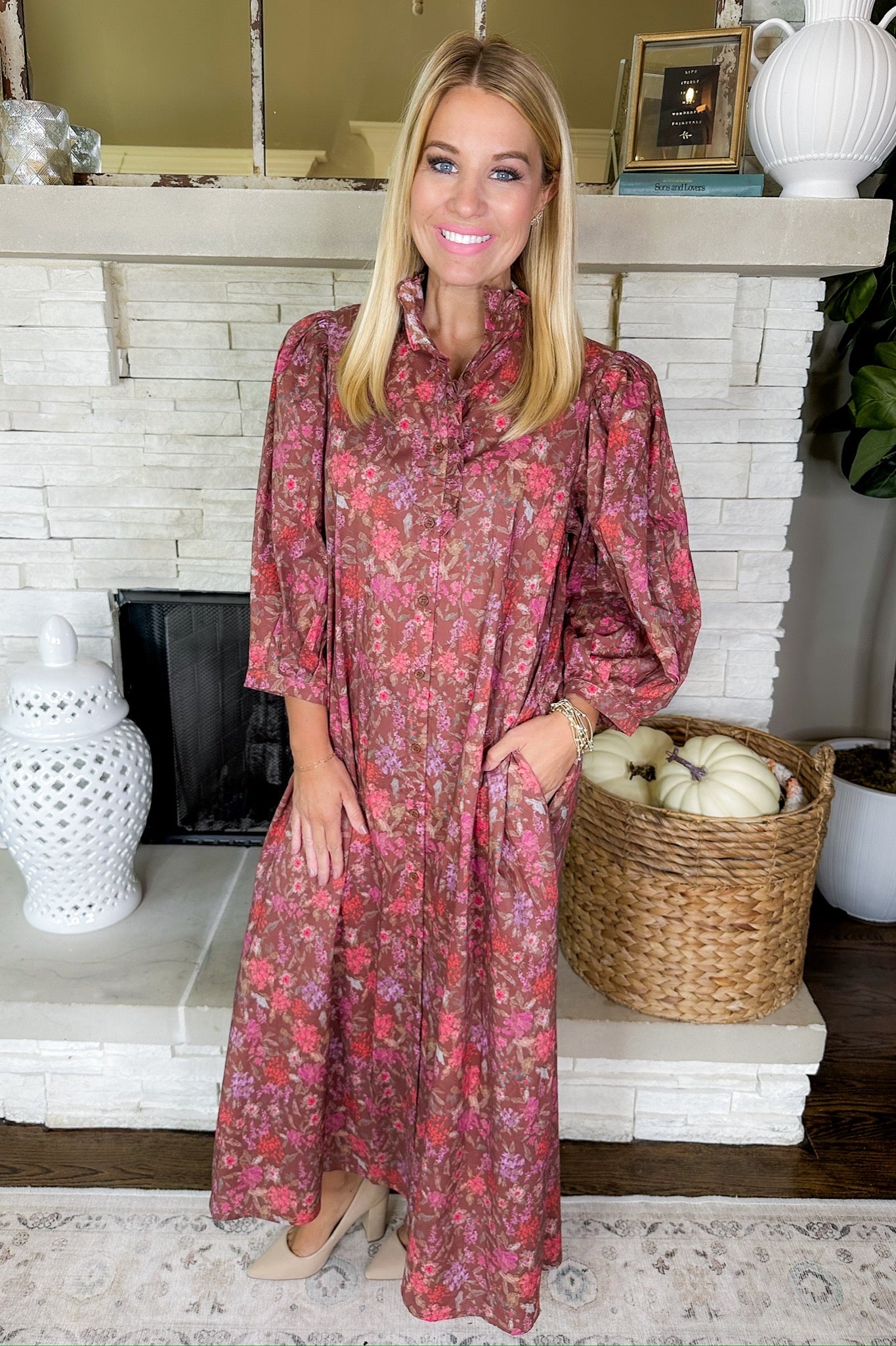 Autumn Floral Ruffle Button Down Brown Midi Dress