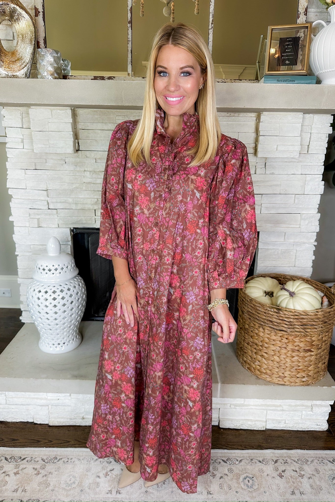 Autumn Floral Ruffle Button Down Brown Midi Dress