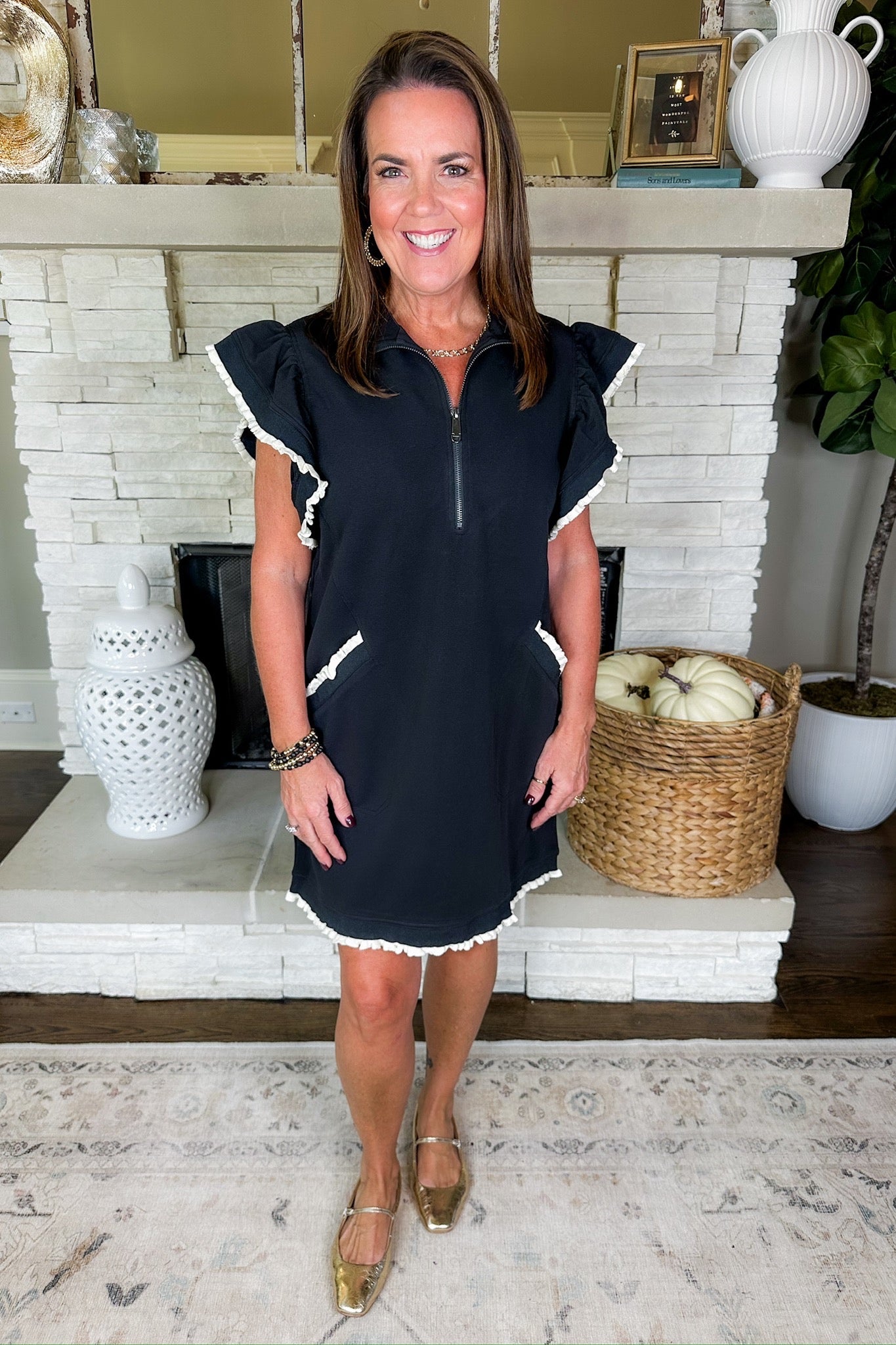 Cream Ruffle Trim Half Zip Up Pocketed Black Dress