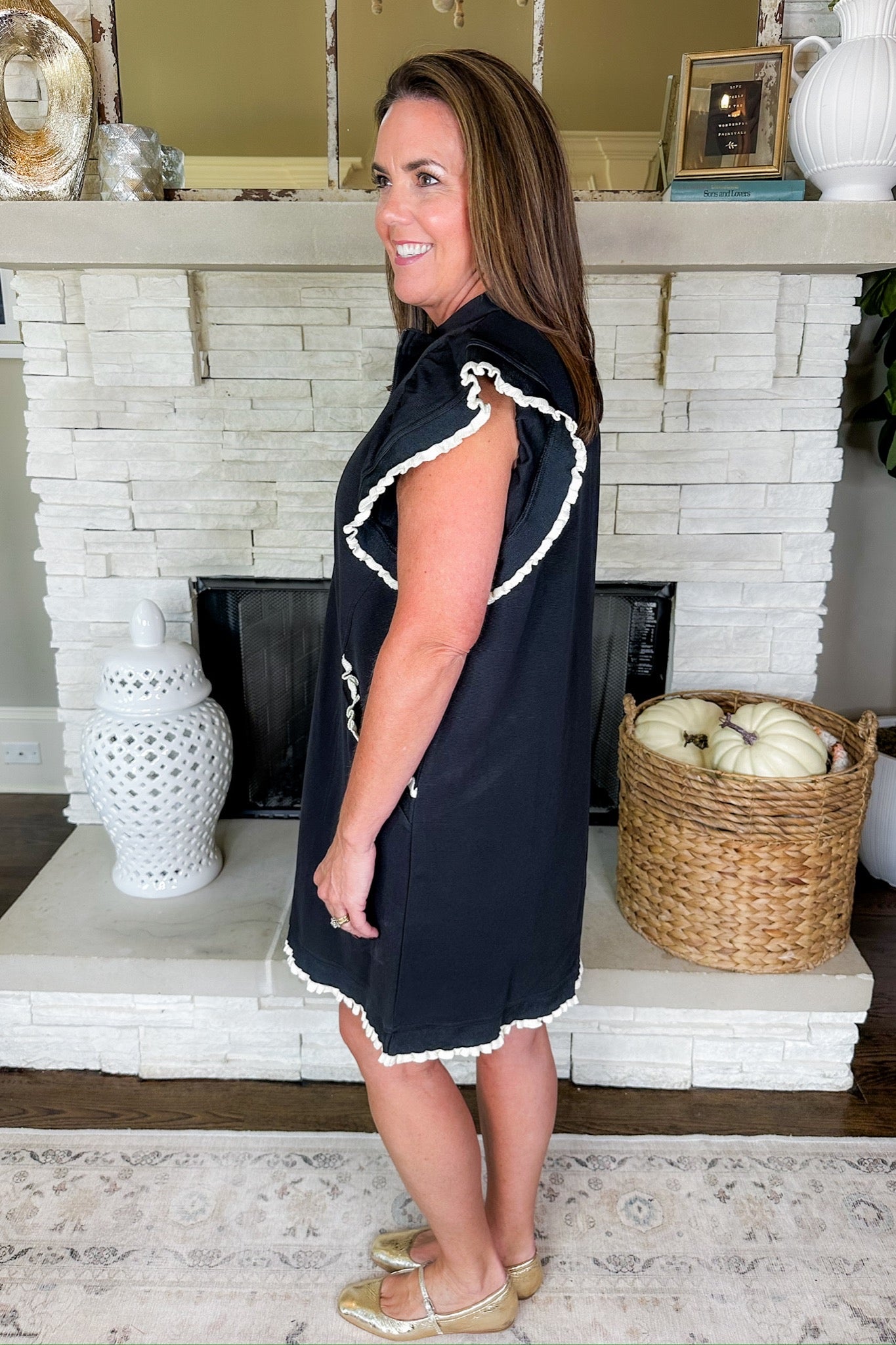 Cream Ruffle Trim Half Zip Up Pocketed Black Dress