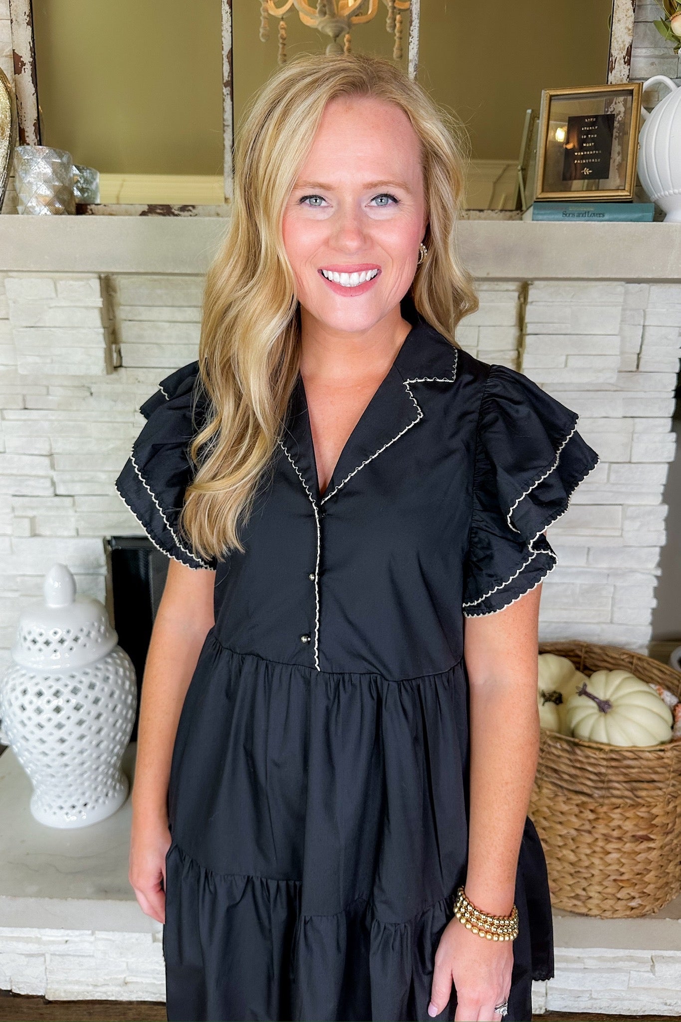 Notch Collar Embroidered Trim Ruffle Sleeve Black Tiered Dress