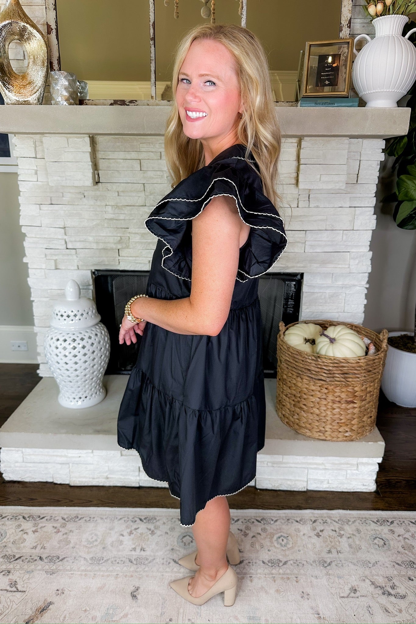 Notch Collar Embroidered Trim Ruffle Sleeve Black Tiered Dress