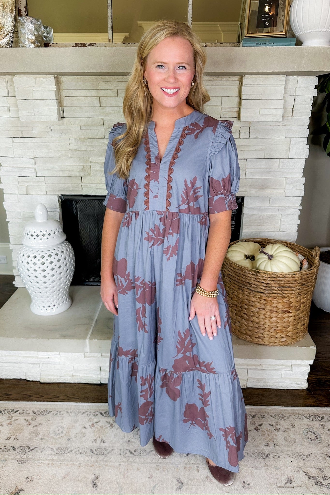 Brown Scallop Trim Spotted Floral Slate Blue Midi Dress