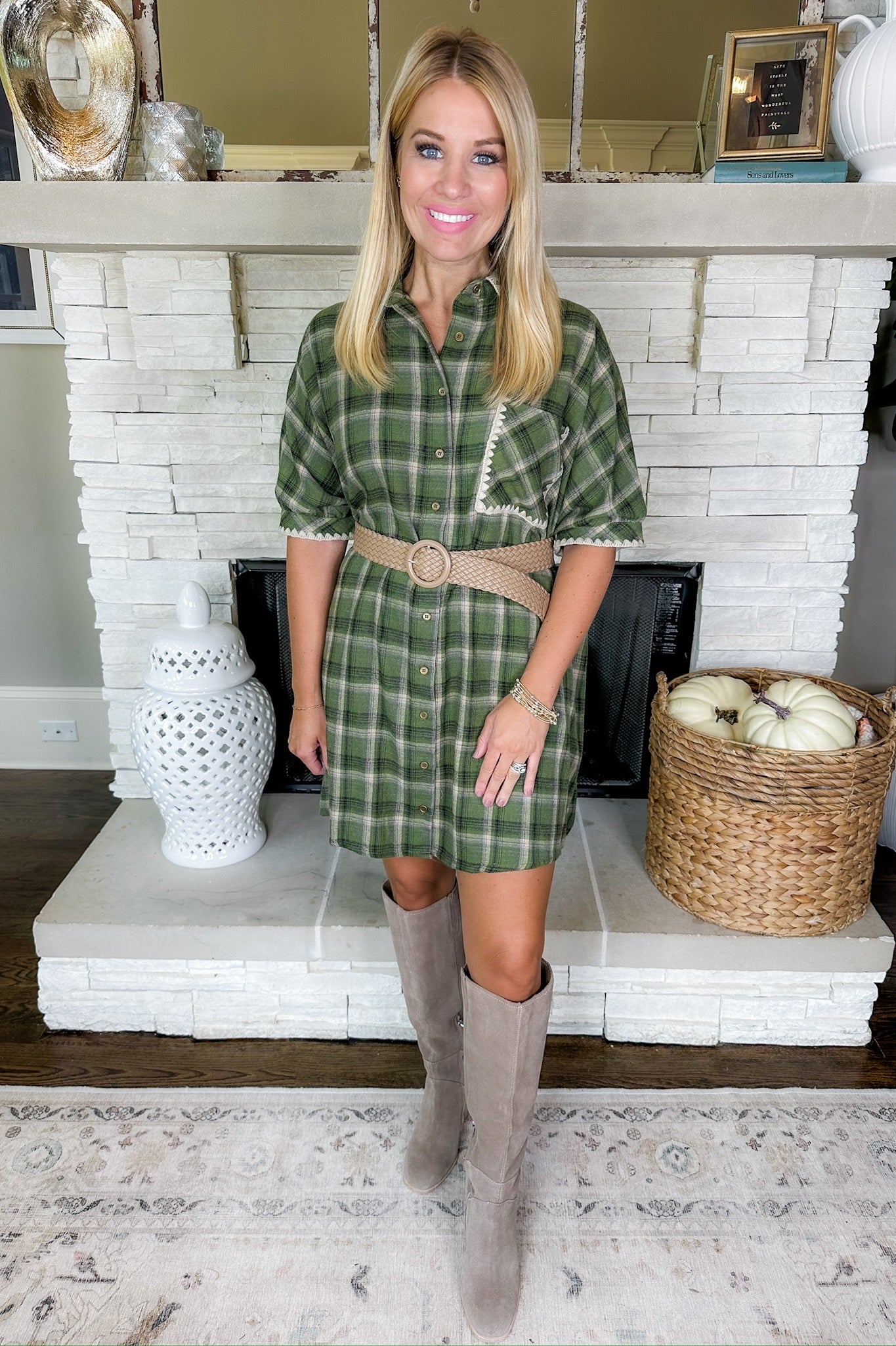 Embroidered Trim Pocketed Button Down Plaid Flannel Dress in Olive