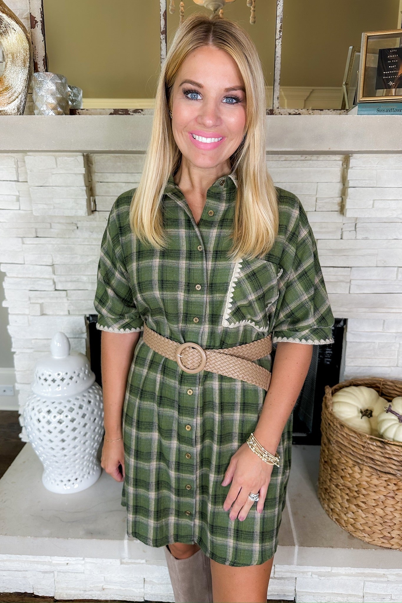 Embroidered Trim Pocketed Button Down Plaid Flannel Dress in Olive