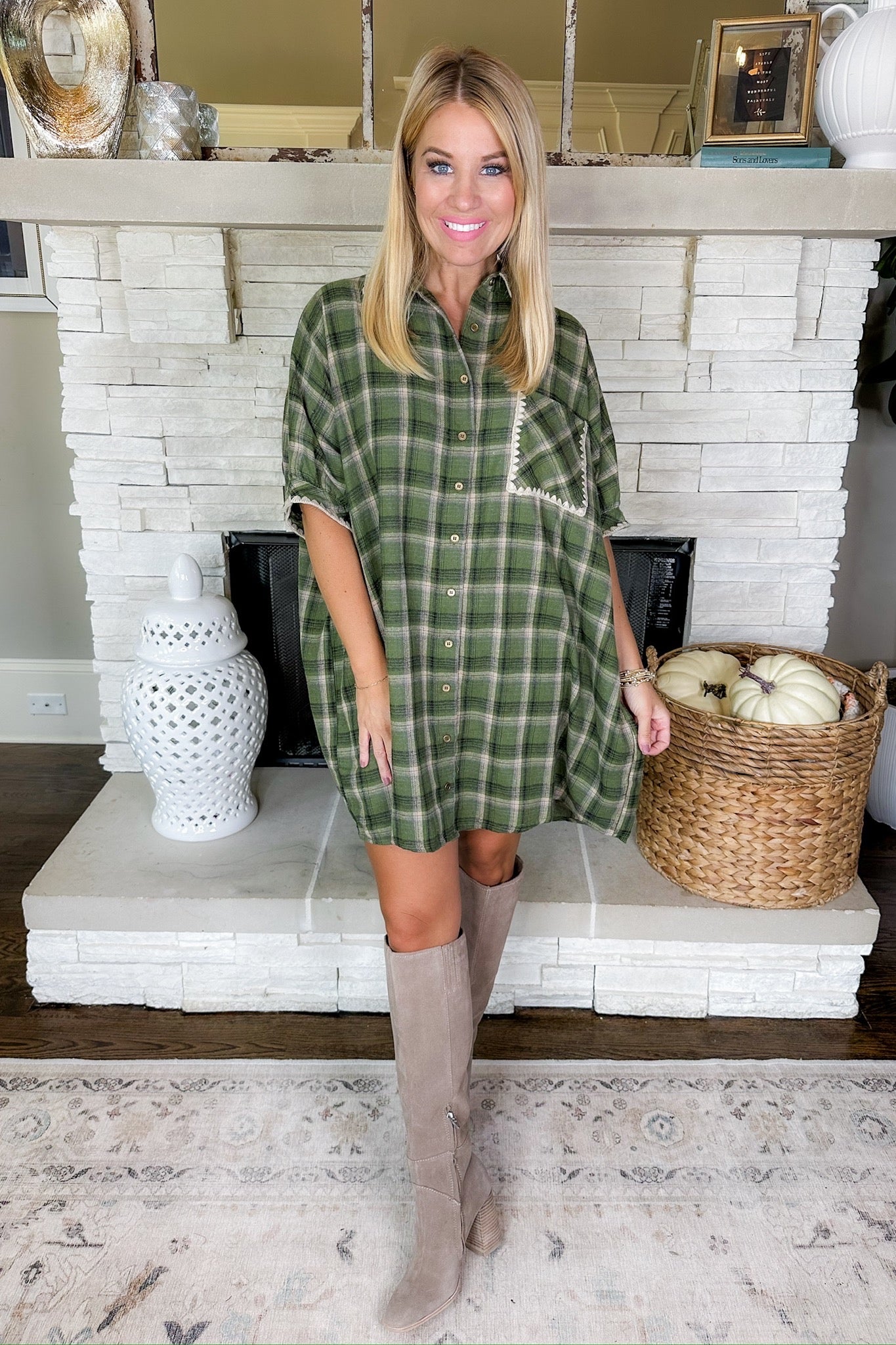 Embroidered Trim Pocketed Button Down Plaid Flannel Dress in Olive