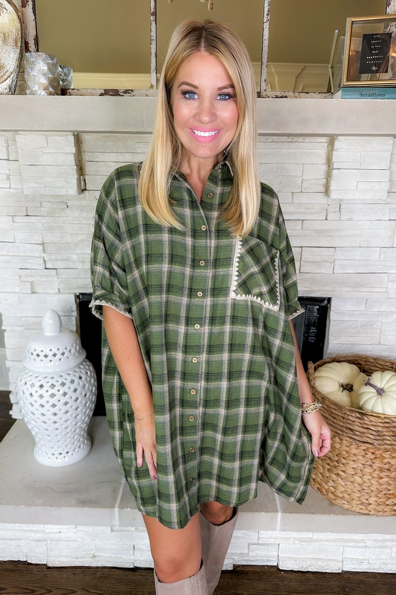 Embroidered Trim Pocketed Button Down Plaid Flannel Dress in Olive