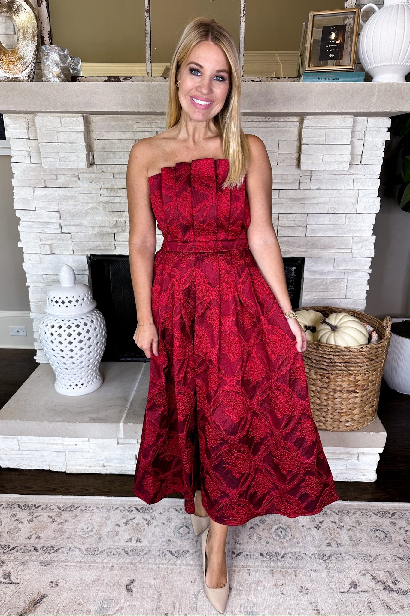 Elegant Rosette Pleated Strapless Midi Dress in Ruby