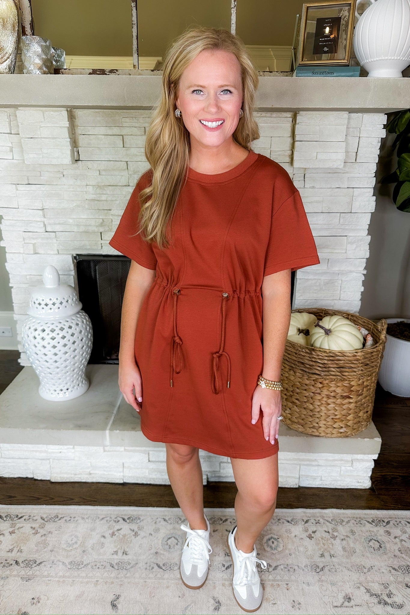 Rust Buttery Soft Heart Drawstring Waist Pocketed Dress