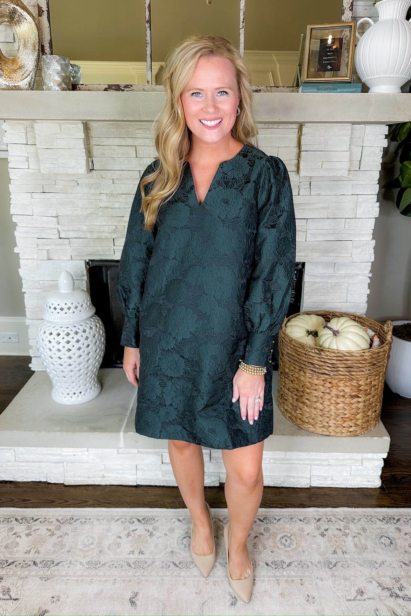 Floral Jacquard Pocketed Puff Sleeve Dress in Hunter Green