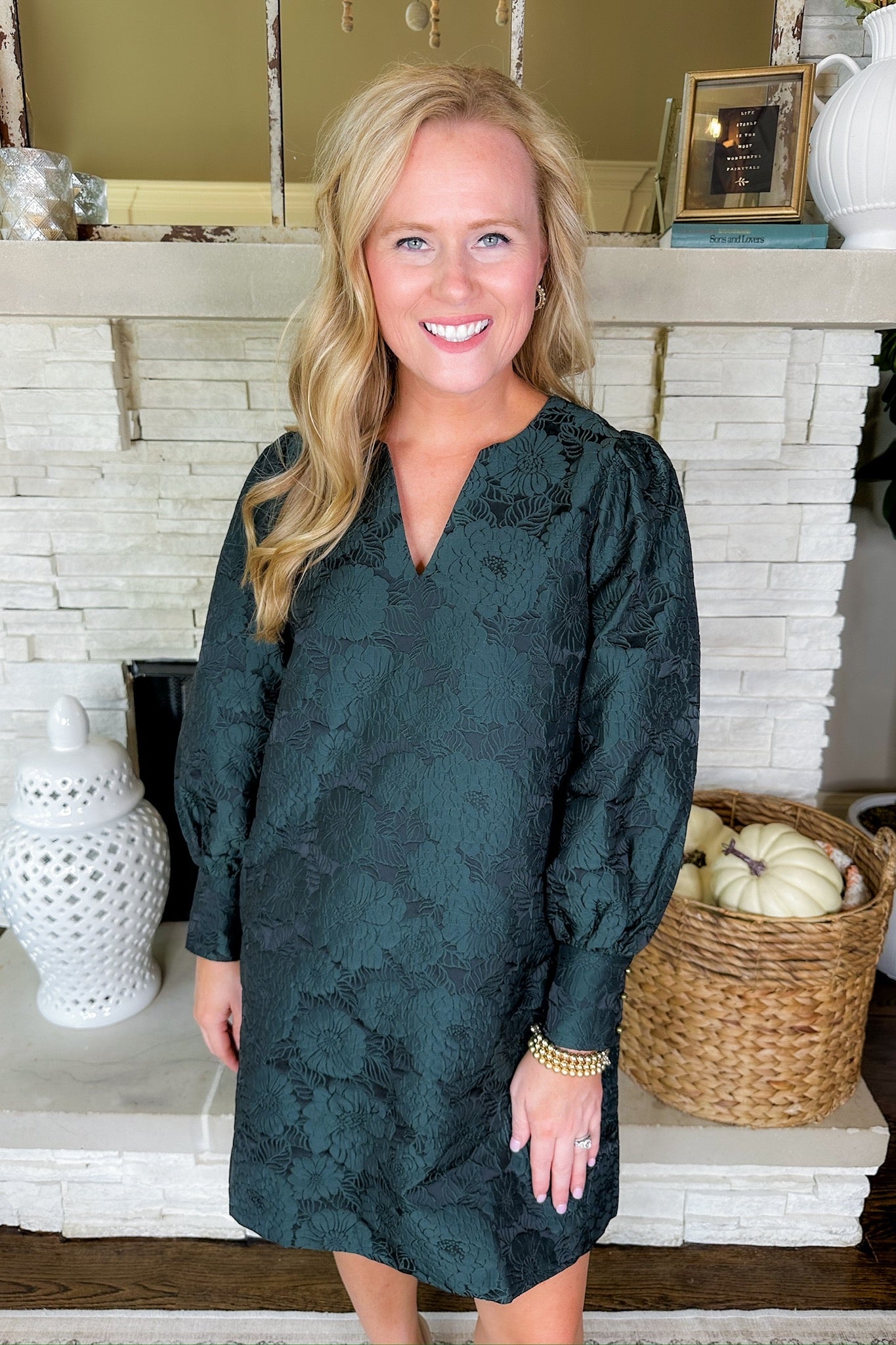 Floral Jacquard Pocketed Puff Sleeve Dress in Hunter Green