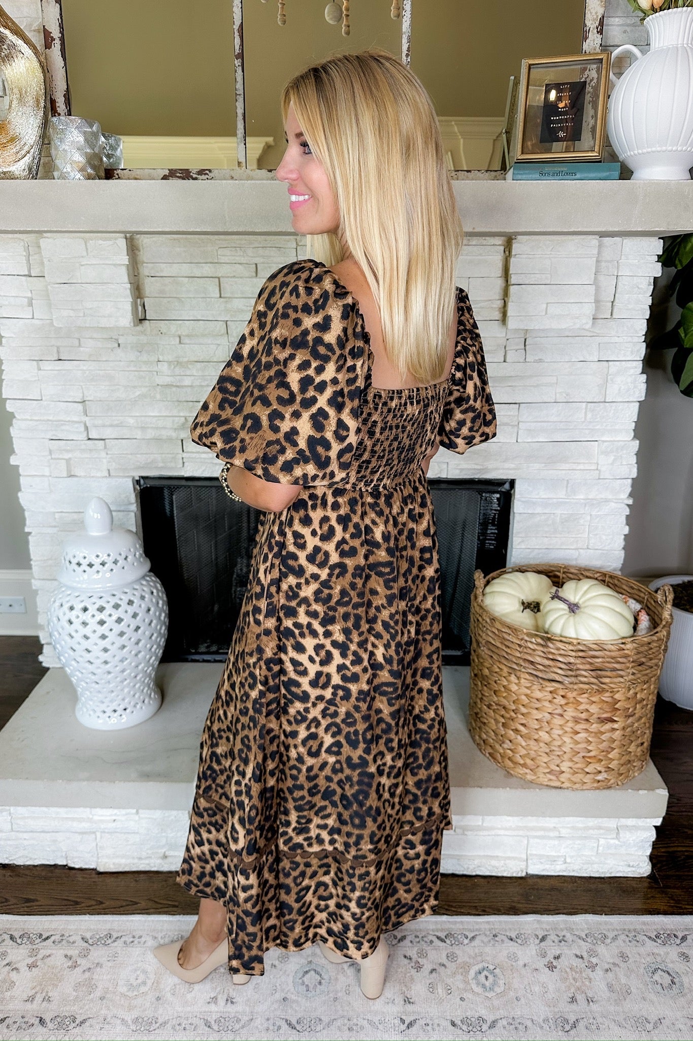 Scallop Trim Square Neck Animal Print Midi Dress