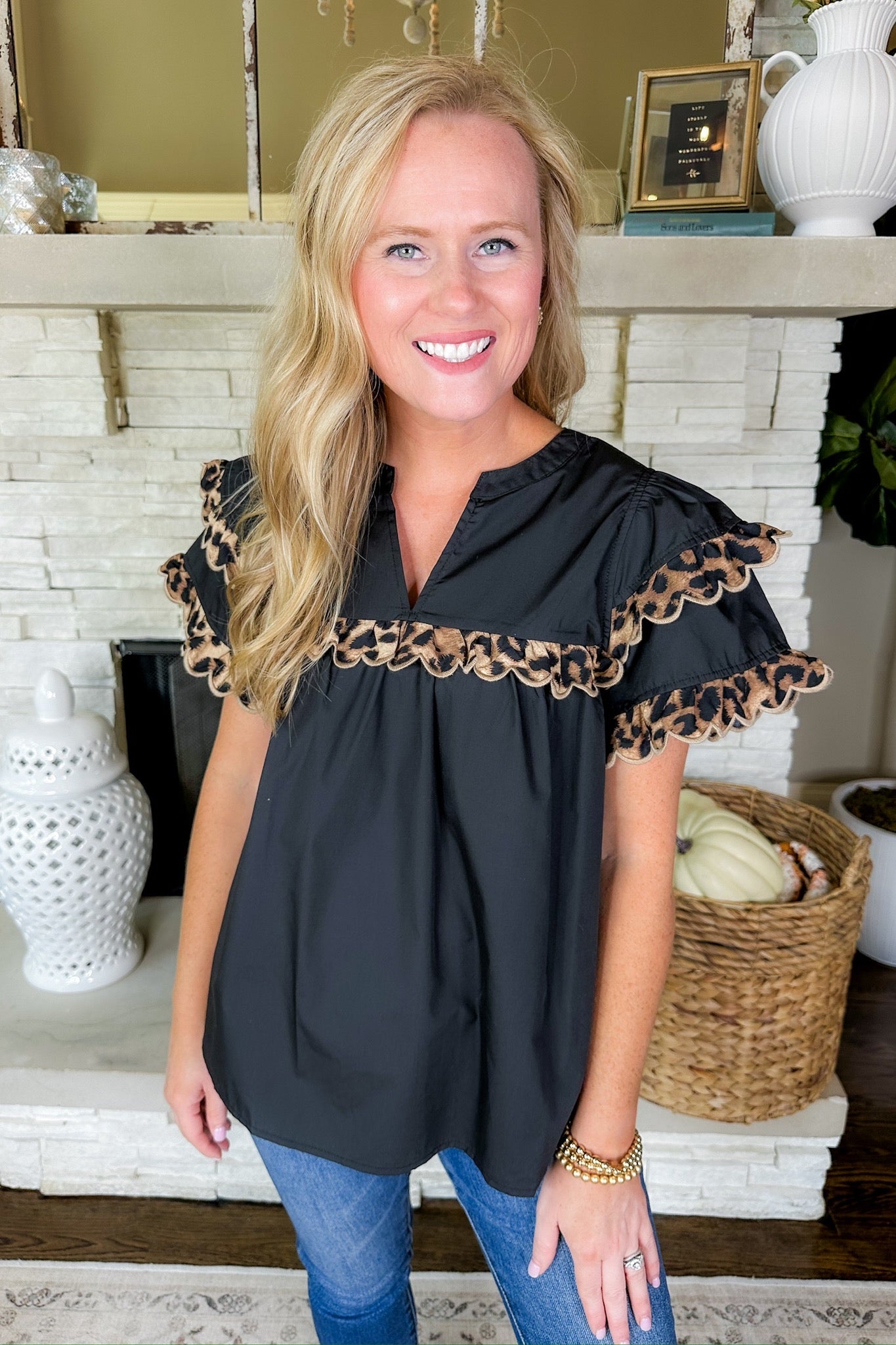 Leopard Print Scallop Trim Double Ruffle Sleeve Black Top