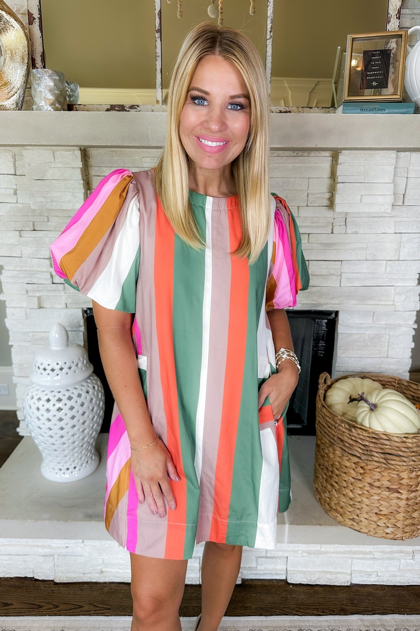 Multi Color Striped Pocketed Balloon Sleeve Dress