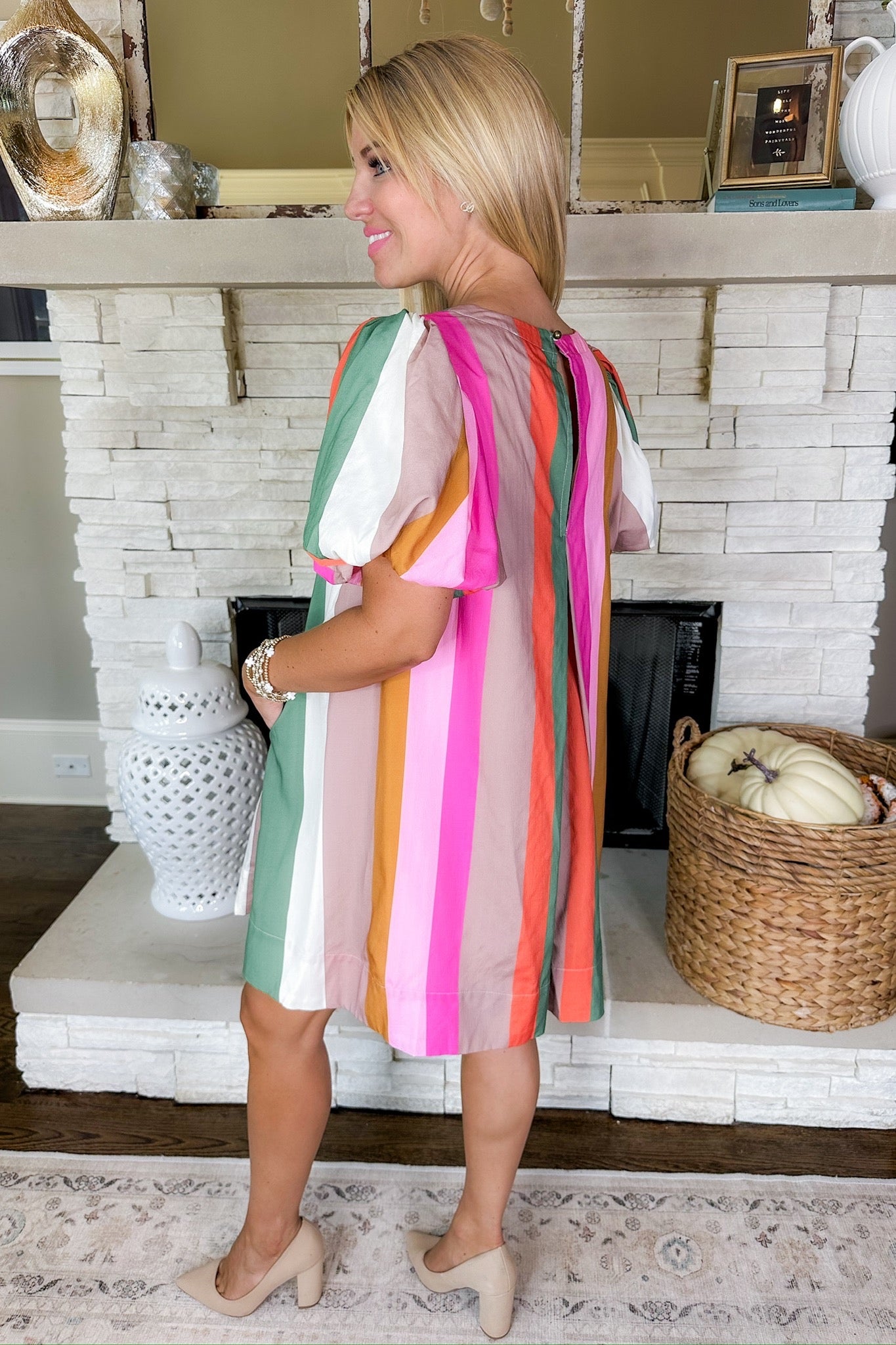 Multi Color Striped Pocketed Balloon Sleeve Dress