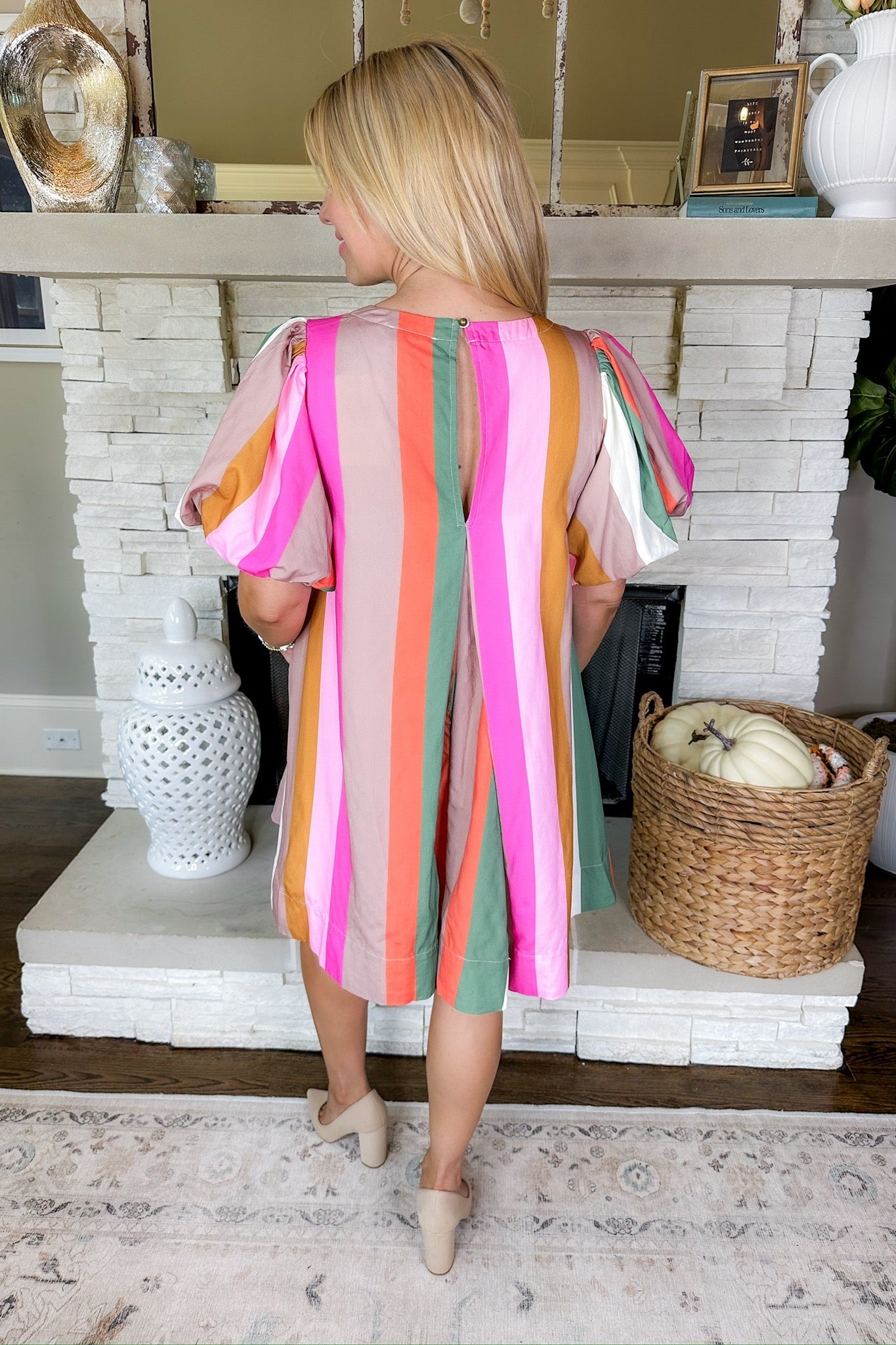 Multi Color Striped Pocketed Balloon Sleeve Dress