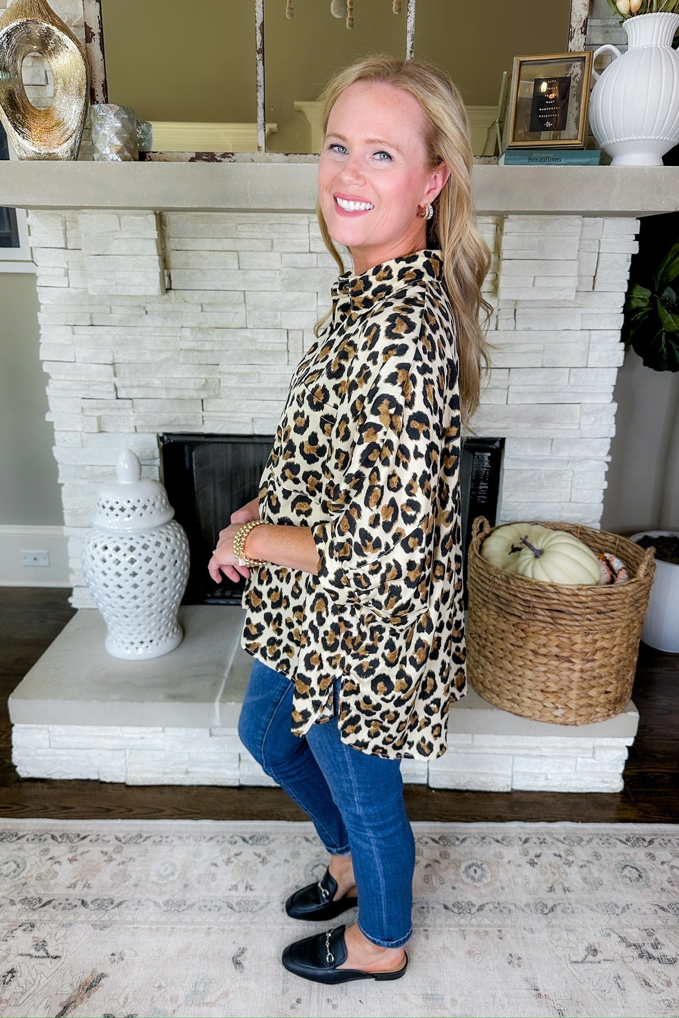 Oversized Leopard Print Button Down Collared Poncho Top