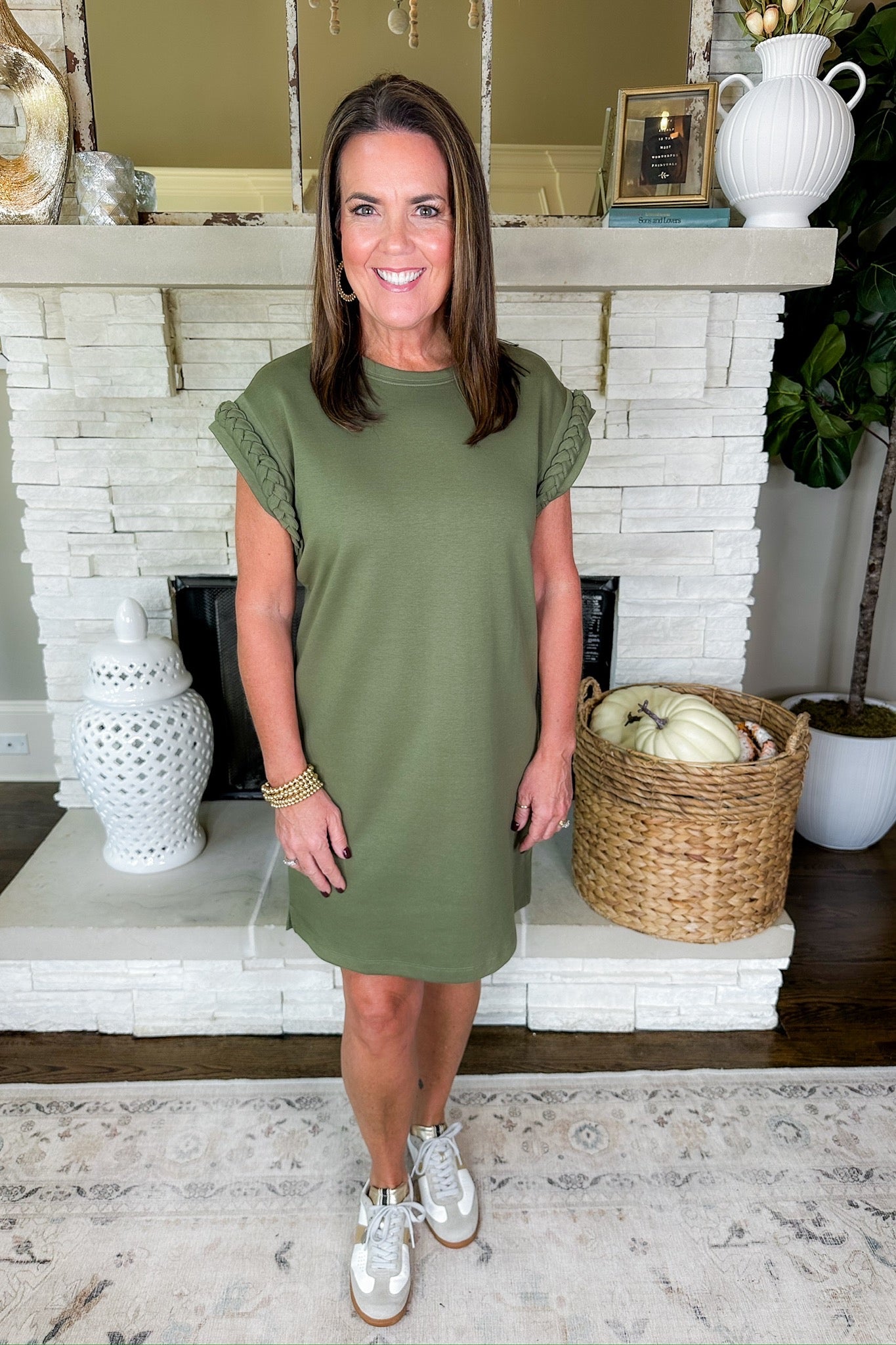 Closet Staple Braided Short Sleeve Shift Dress in Olive