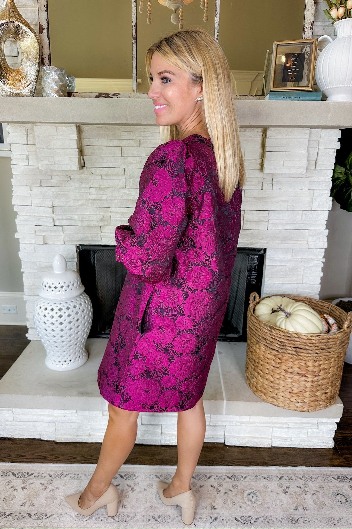 Floral Jacquard Pocketed Puff Sleeve Dress in Magenta