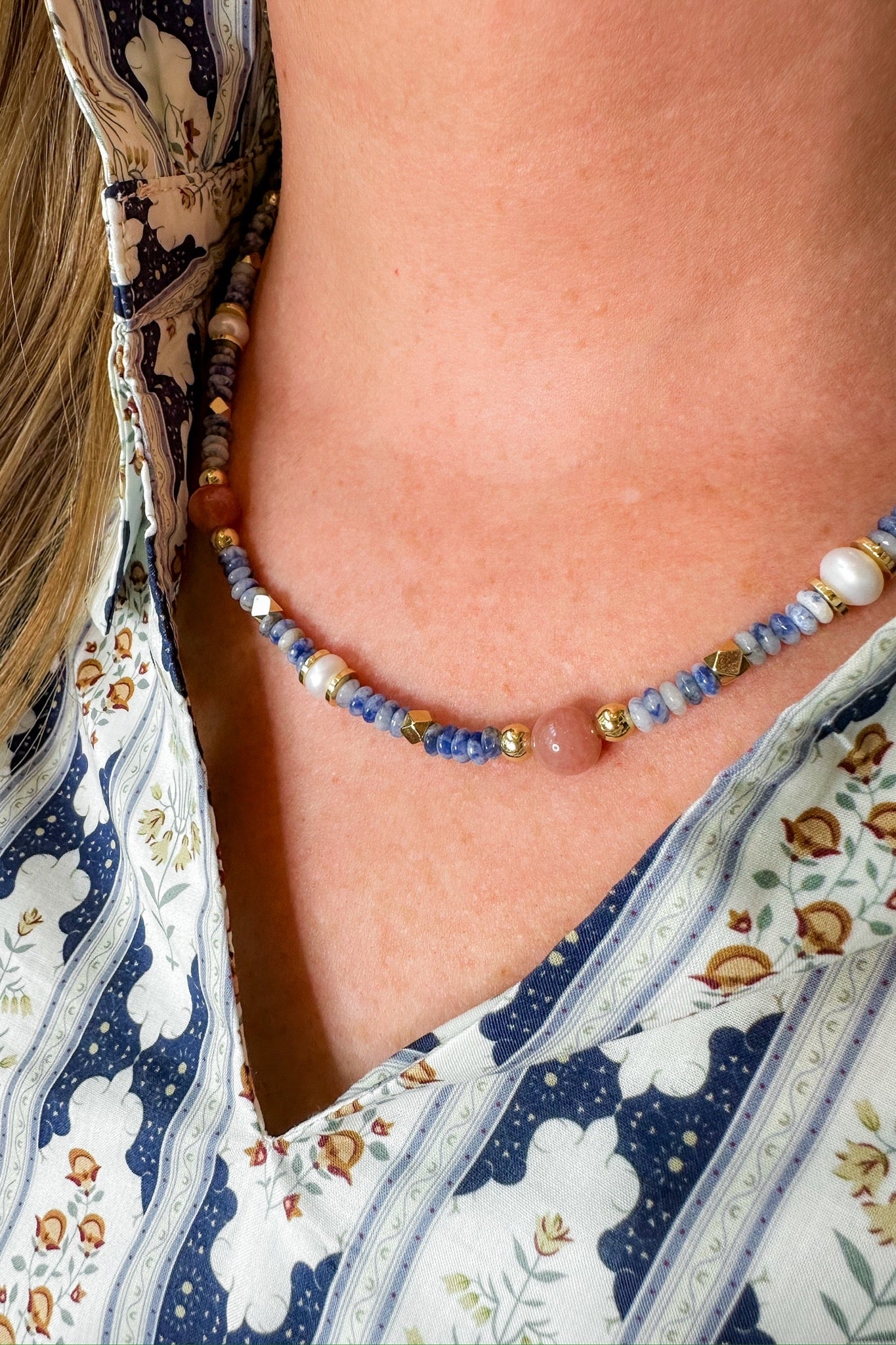 Ocean Blue & Pearl Gemstone Necklace by Treasure Jewels