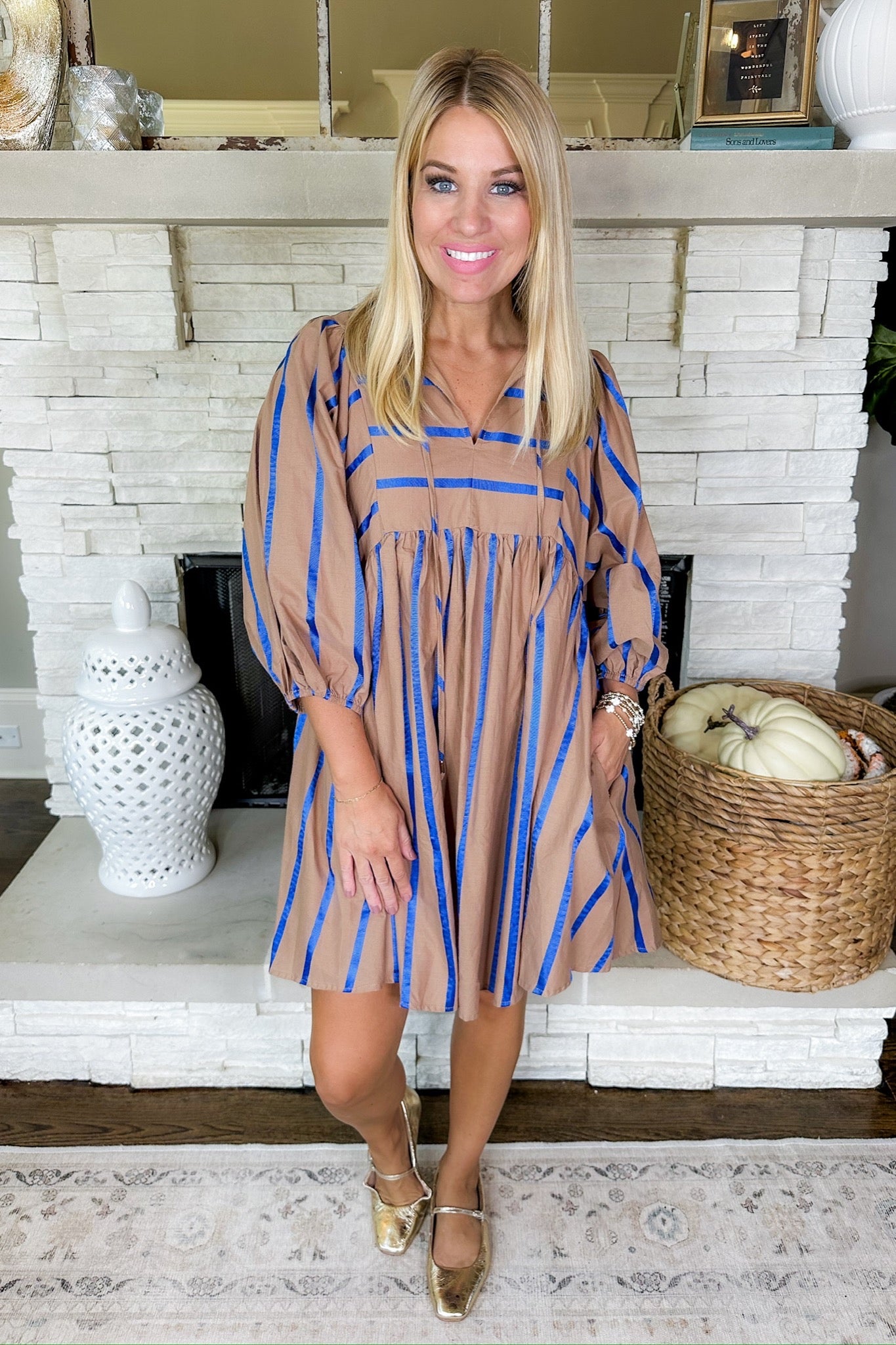 Blue Ribbon Striped Pocketed Peasant Dress