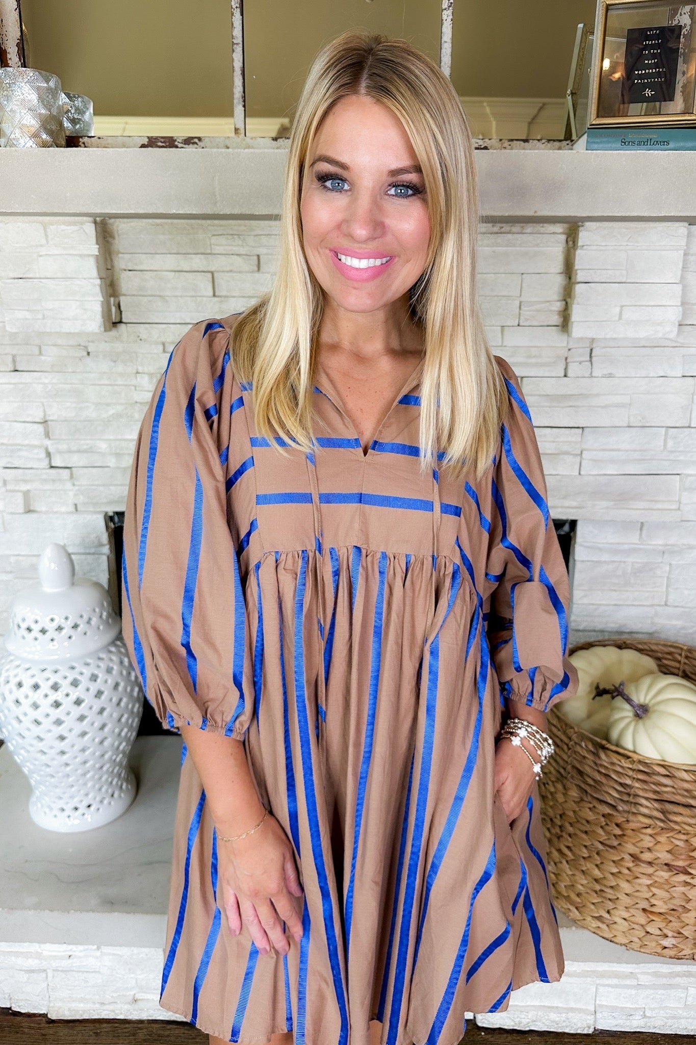 Blue Ribbon Striped Pocketed Peasant Dress