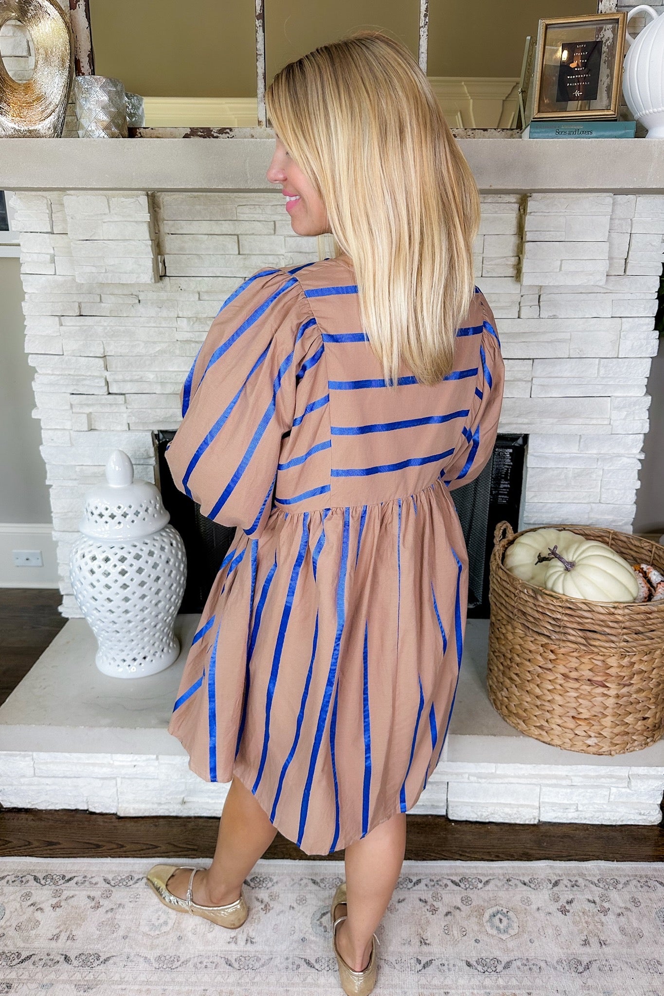 Blue Ribbon Striped Pocketed Peasant Dress