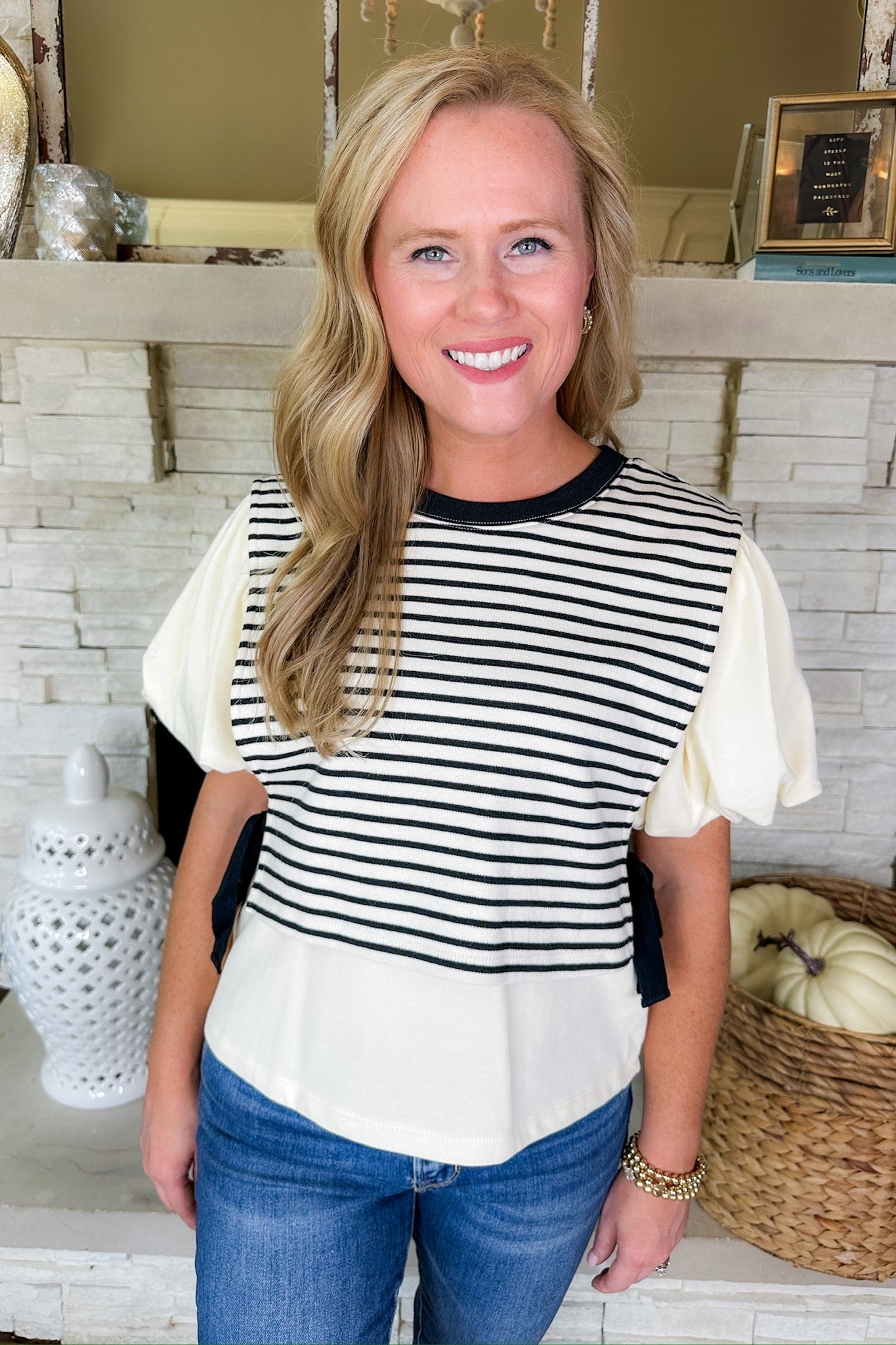 Black Striped Layered Contrast Side Tie Cream Top