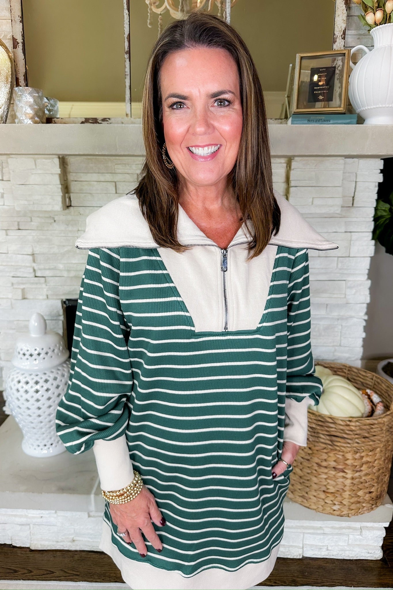 Cream Striped Zip Up Sailor Collared Dress in Green