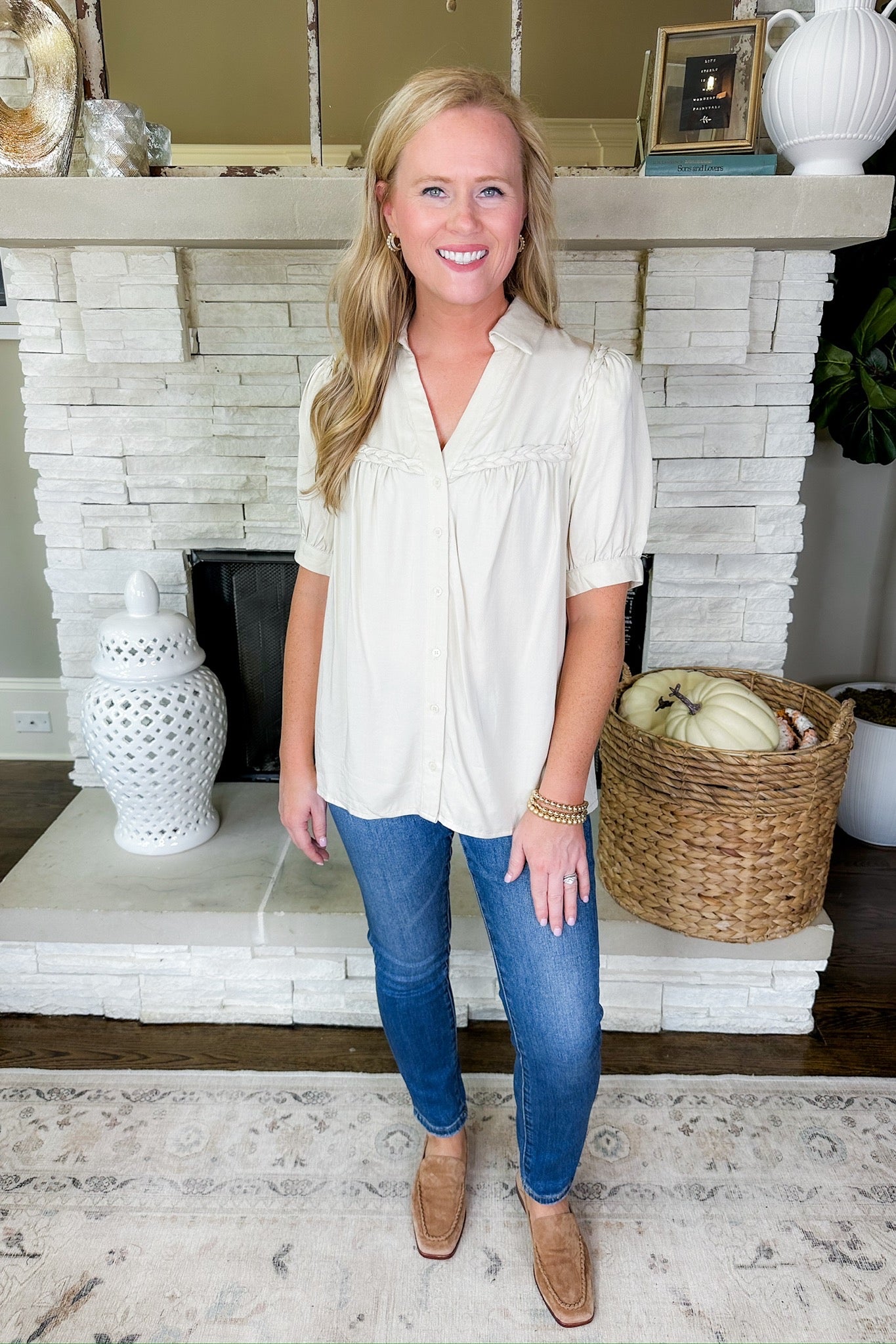 Collared Button Down Braided Trim Beige Top