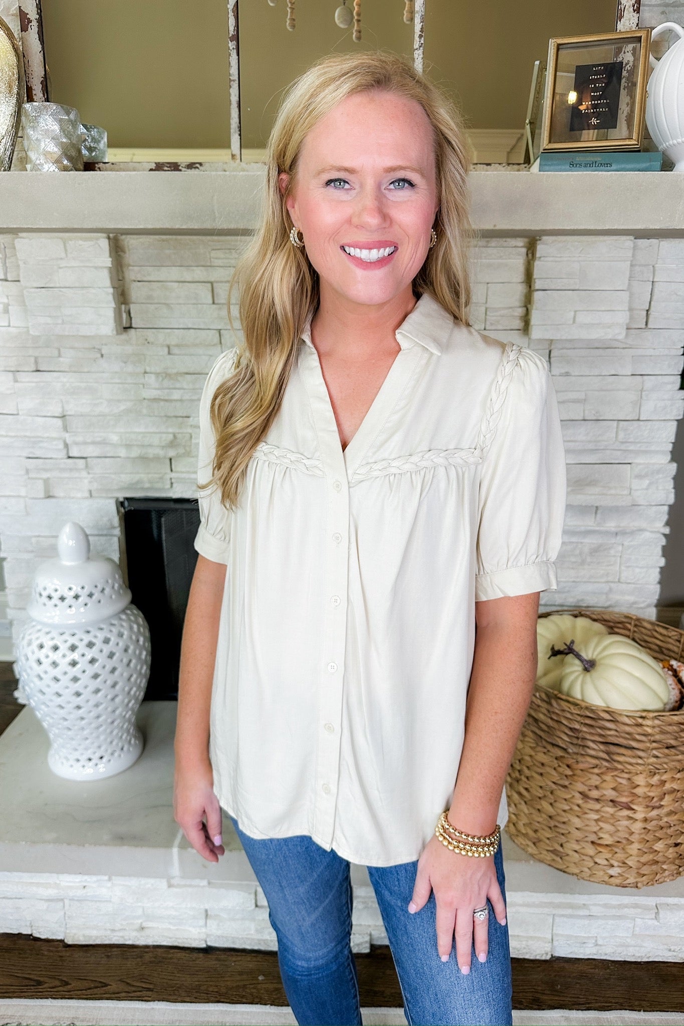 Collared Button Down Braided Trim Beige Top