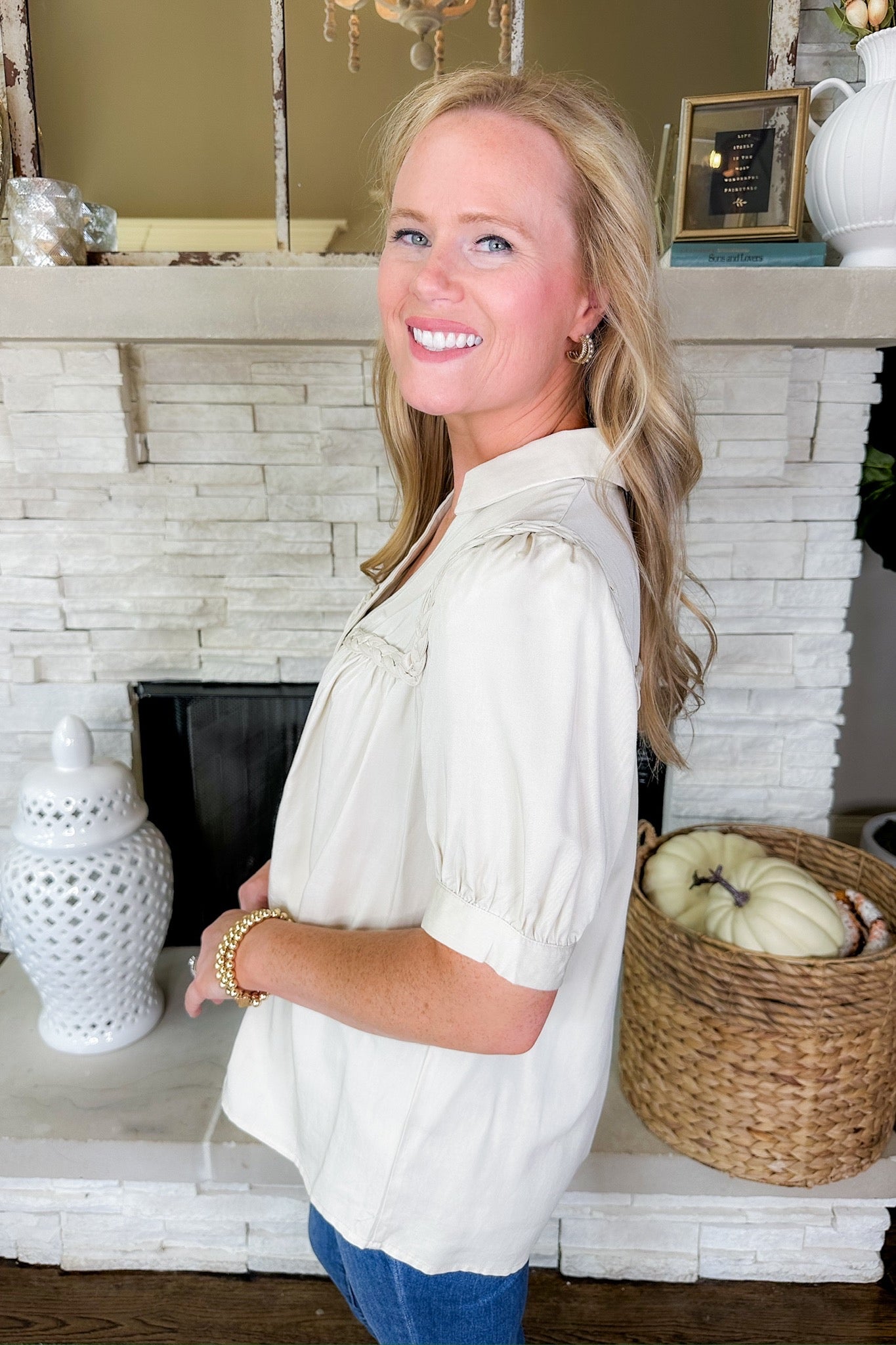 Collared Button Down Braided Trim Beige Top