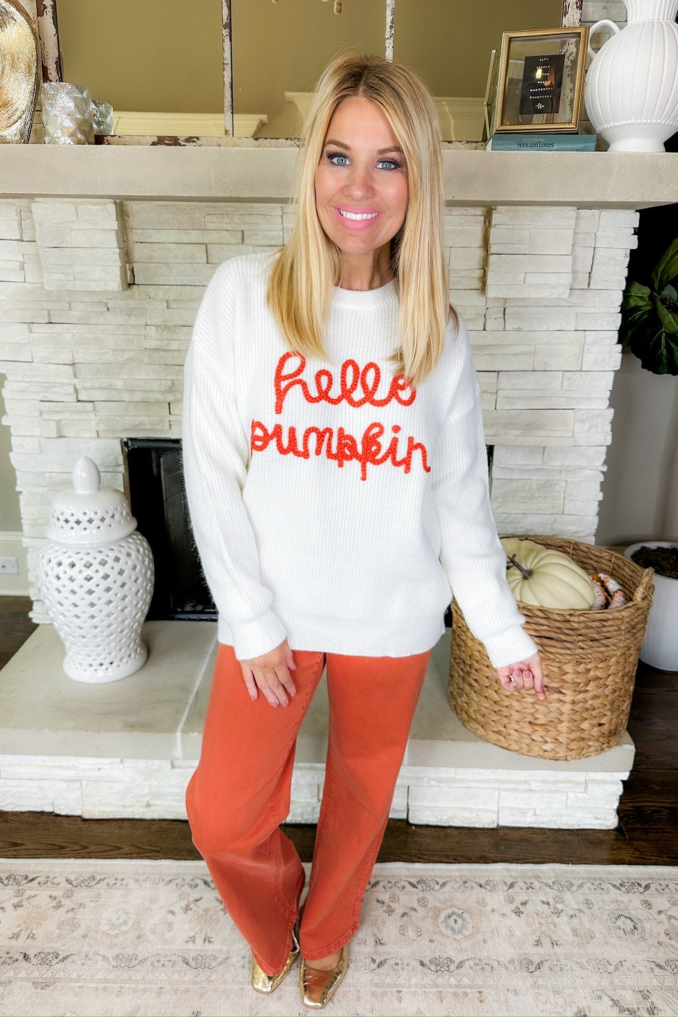 Rust Hello Pumpkin Hand Embroidered Ivory Knit Sweater