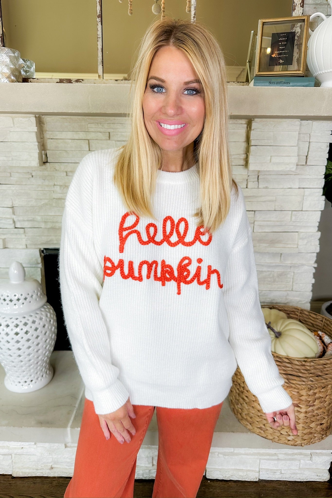 Rust Hello Pumpkin Hand Embroidered Ivory Knit Sweater