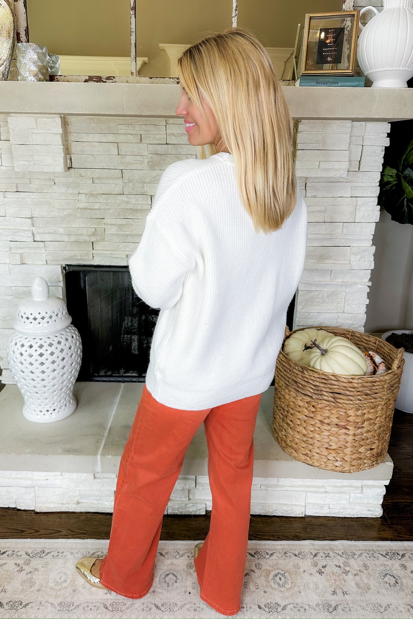 Rust Hello Pumpkin Hand Embroidered Ivory Knit Sweater