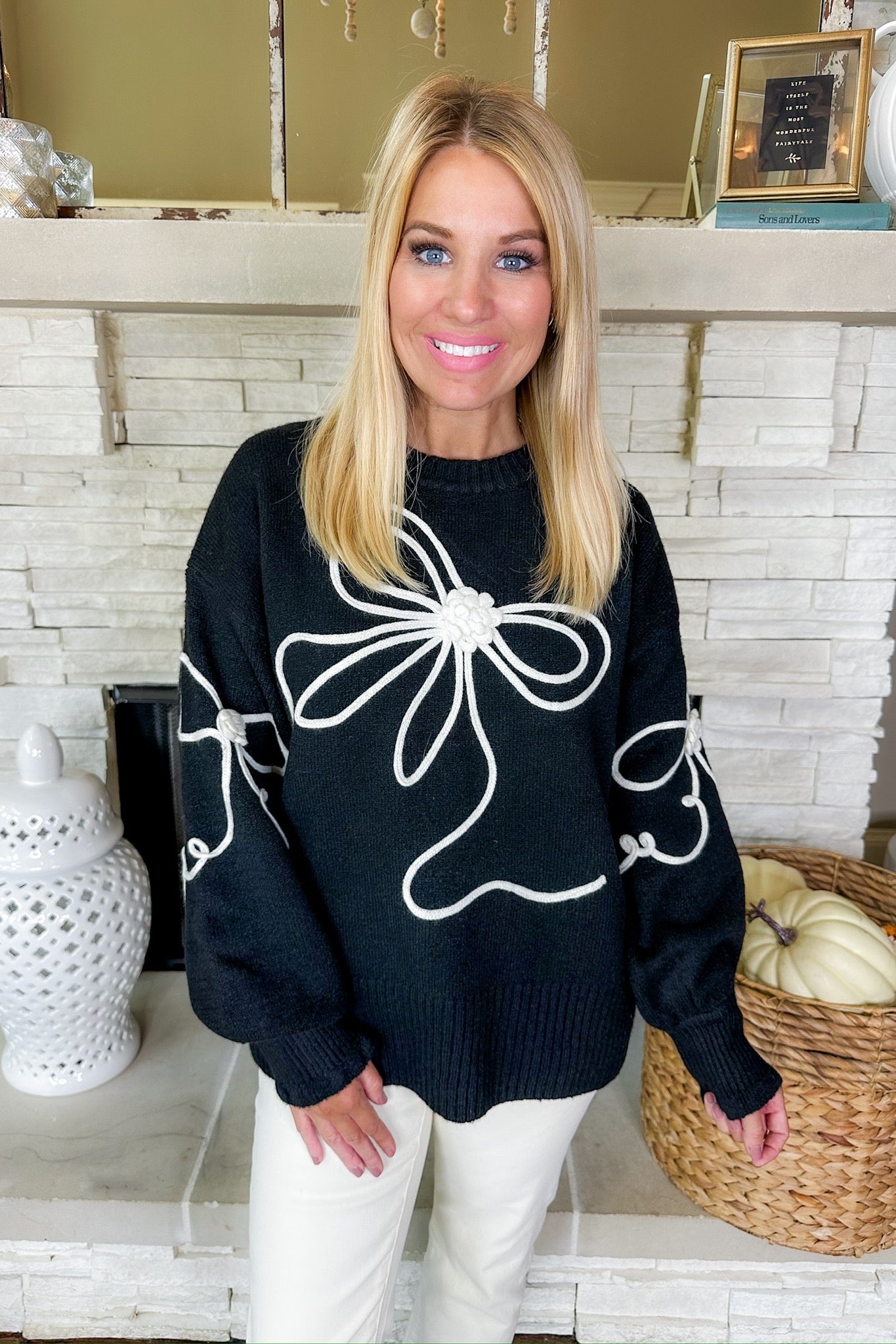 White Crochet Ribbon Bow Black Sweater