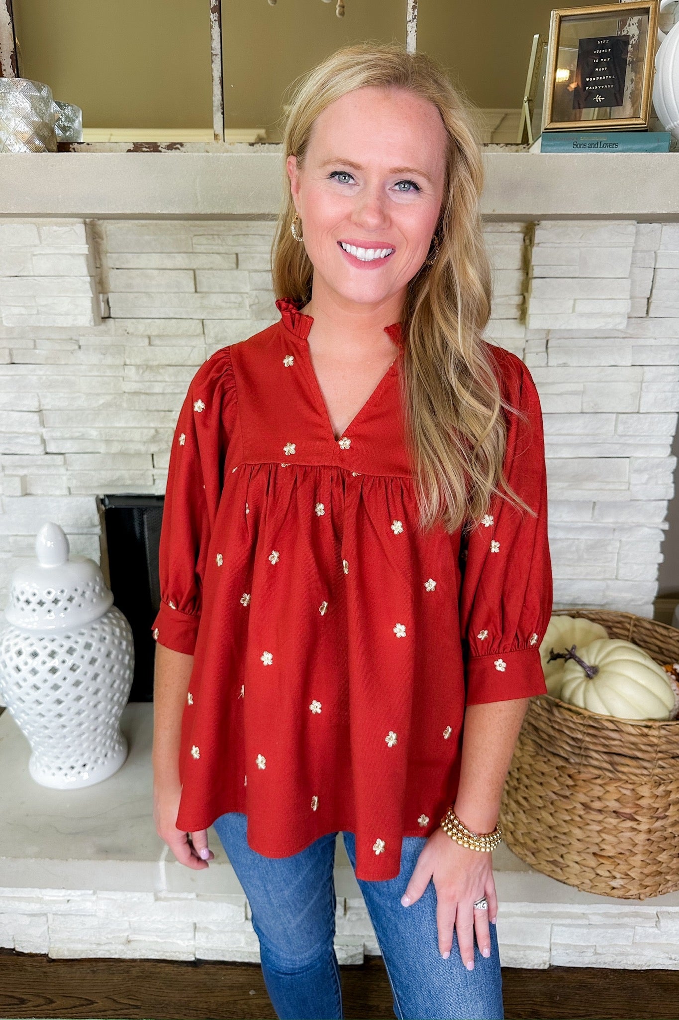 Gold Embroidered Flower Rust Corduroy Top