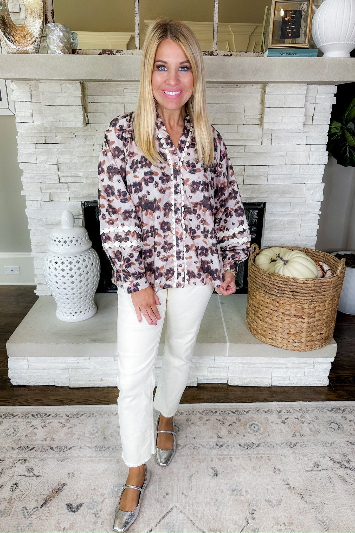 White Scalloped Trim Button Down Painted Floral Top