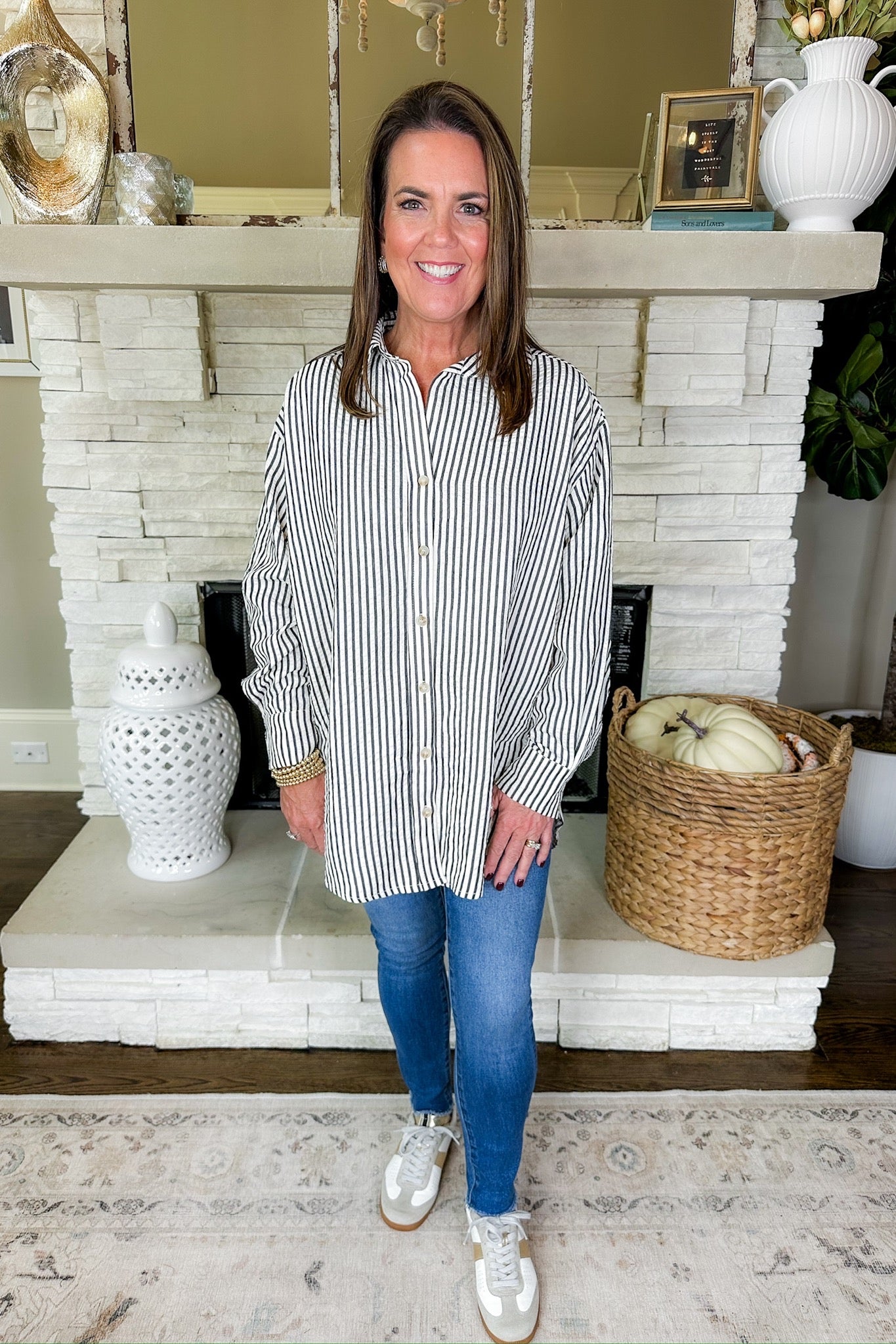 Black Pin Stripe Crinkle Fabric Button Down Collared Top