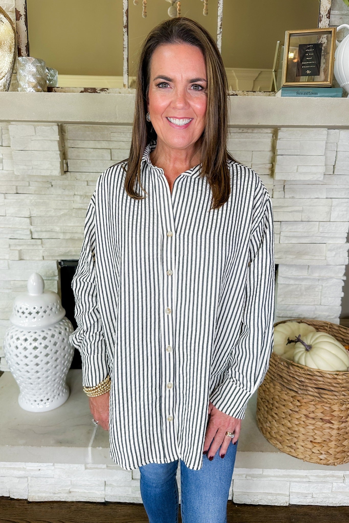 Black Pin Stripe Crinkle Fabric Button Down Collared Top