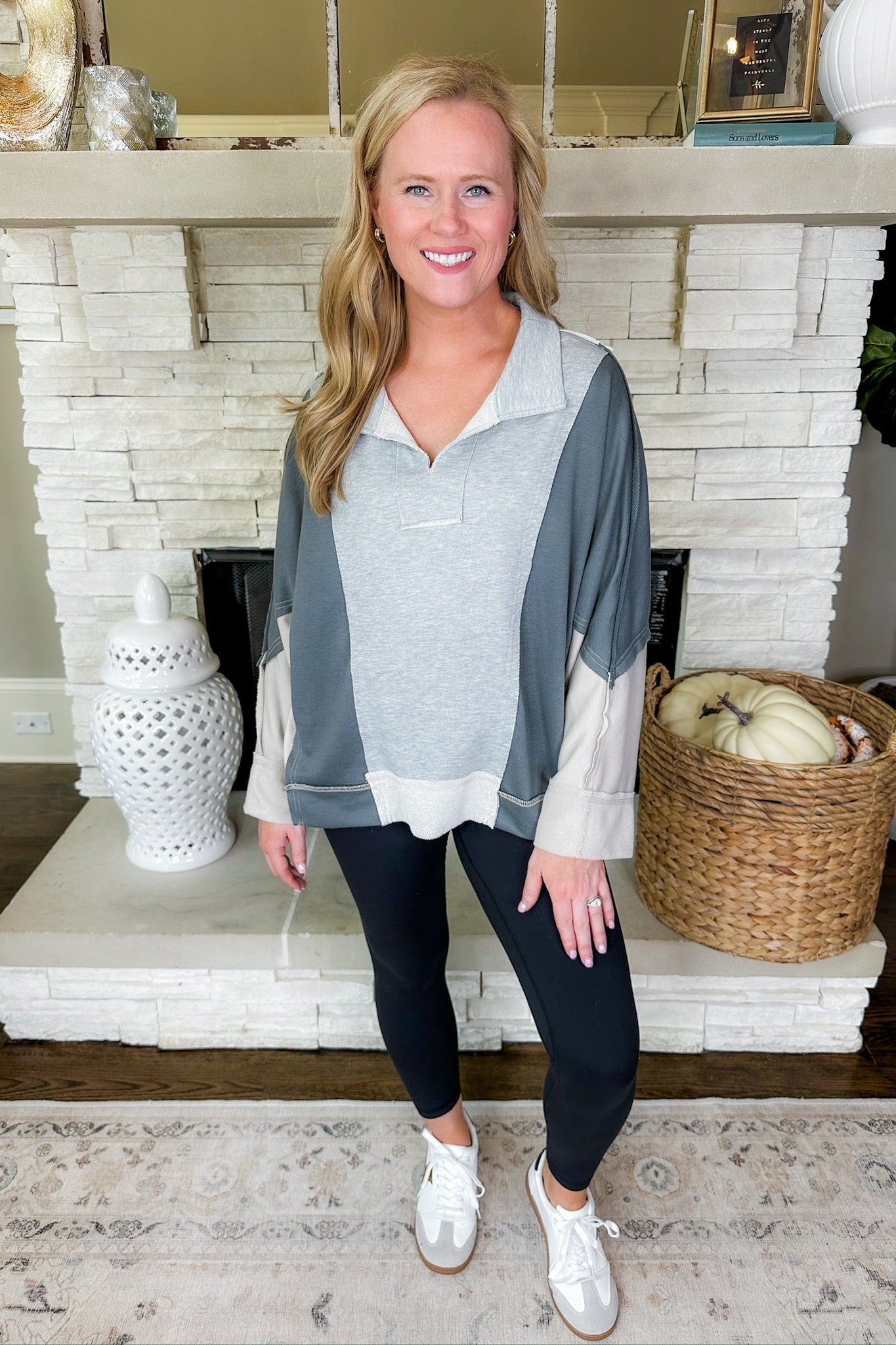 Oversized Heather Grey Color Block Exposed Seam Top