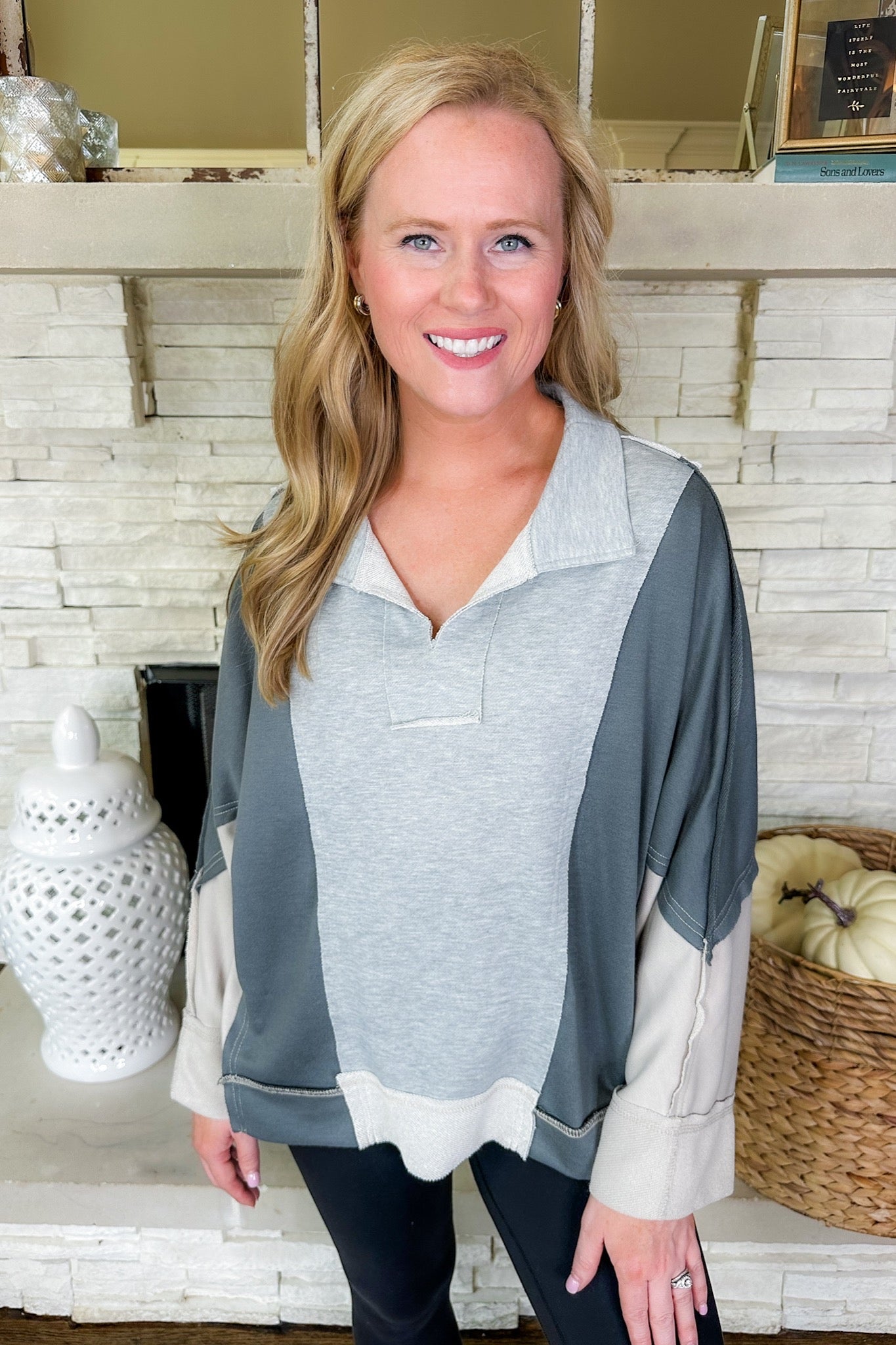 Oversized Heather Grey Color Block Exposed Seam Top