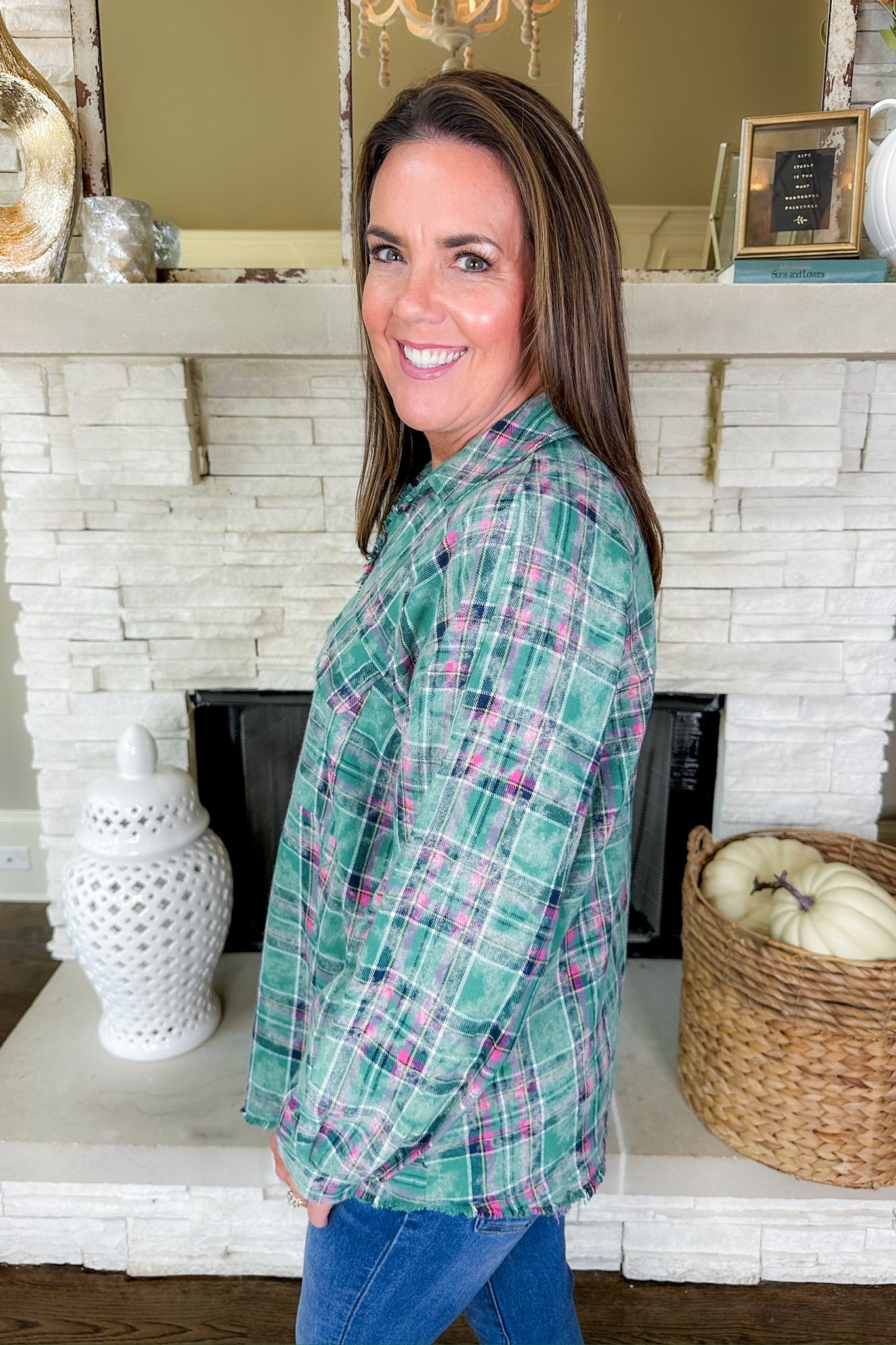 Acid Wash Kelly Green & Pink Button Down Plaid Flannel