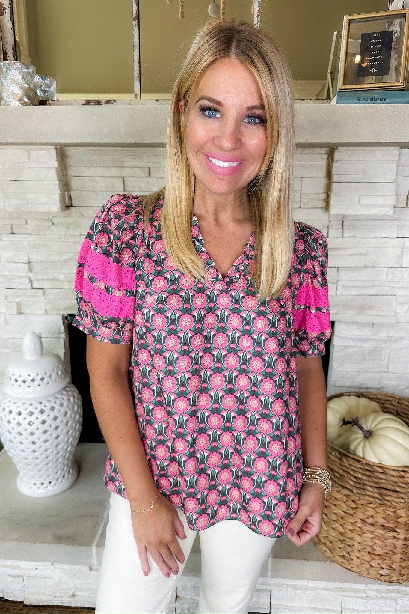 V Neck Mirrored Floral Pink Eyelet Striped Sleeve Top