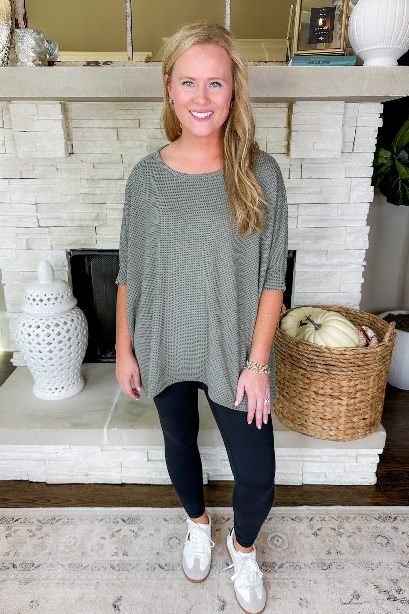 The Gracie Waffle Knit Poncho Top in Olive