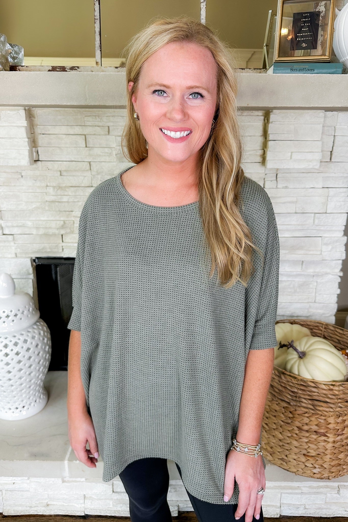 The Gracie Waffle Knit Poncho Top in Olive