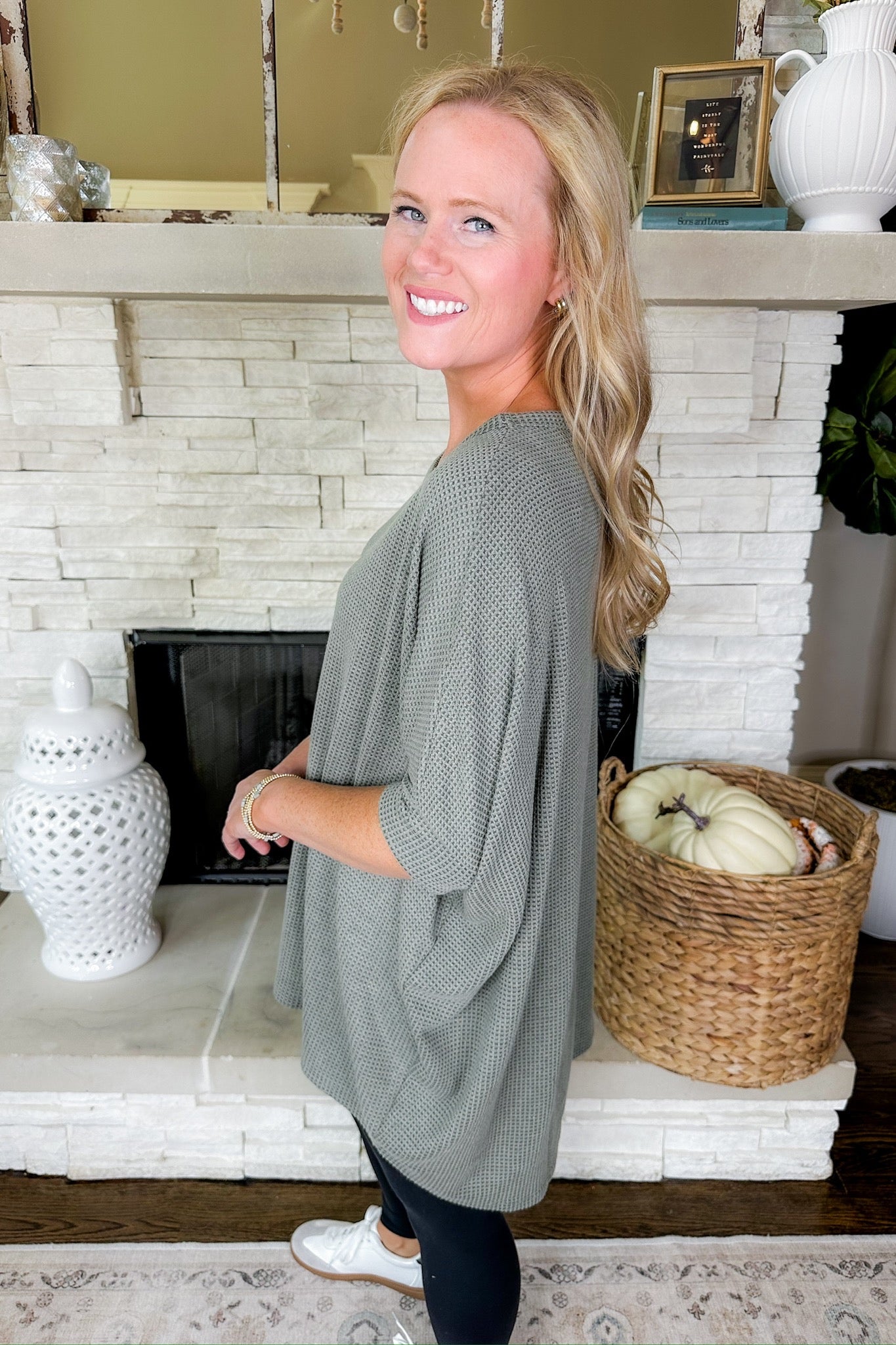 The Gracie Waffle Knit Poncho Top in Olive