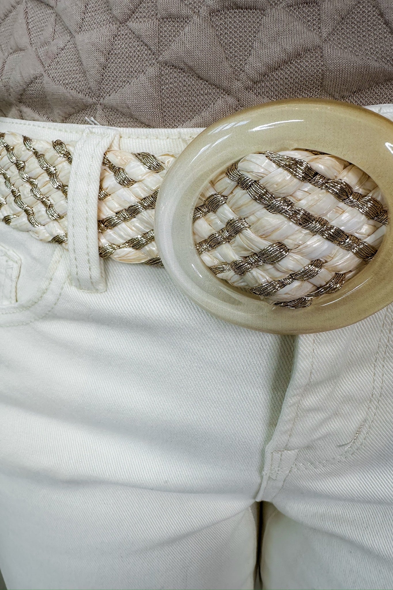 Gold & Ivory Raffia Acrylic Round Buckle Belt