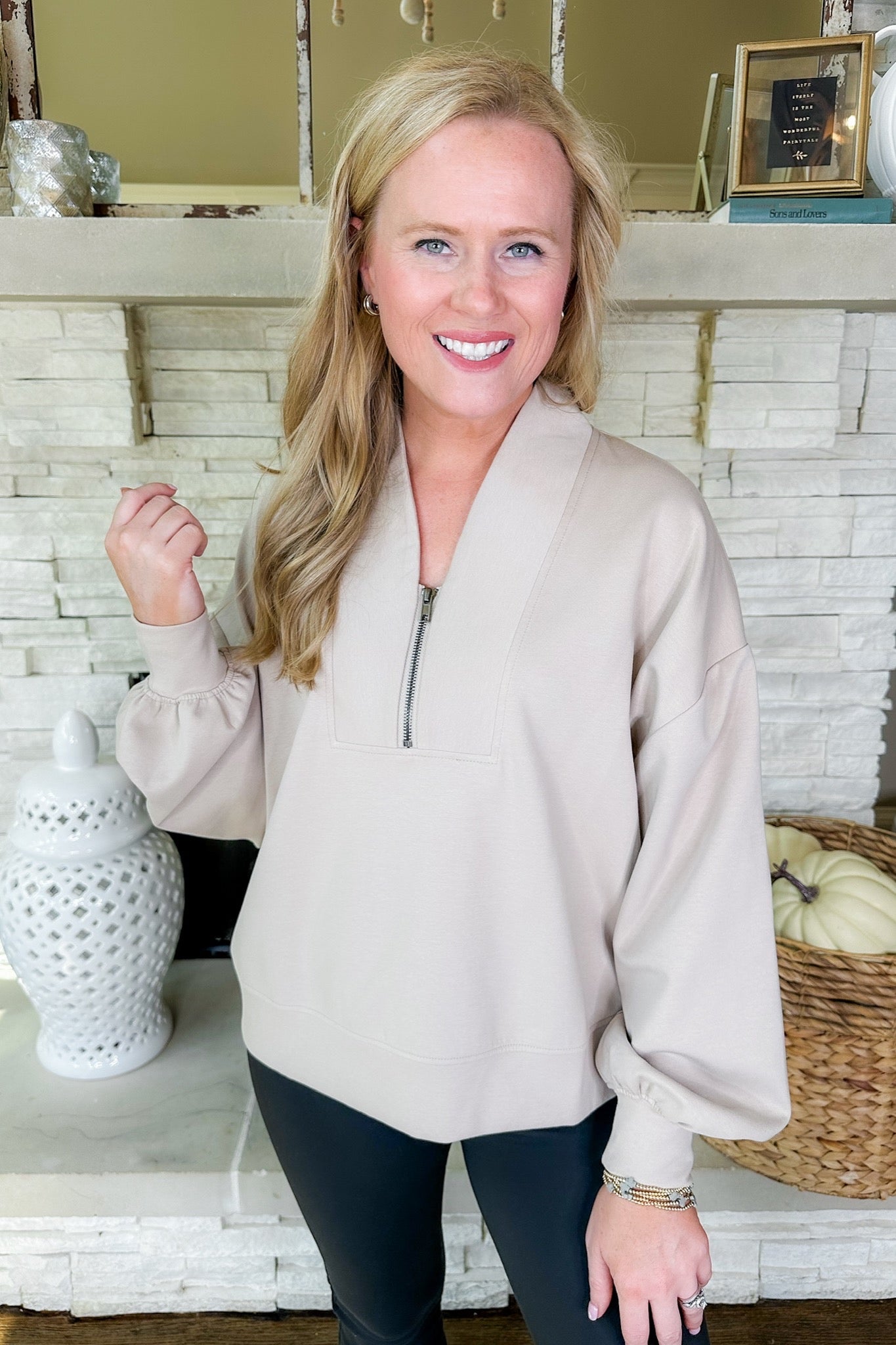 Taupe Buttery Soft Quarter Zip Shawl Collar Pullover