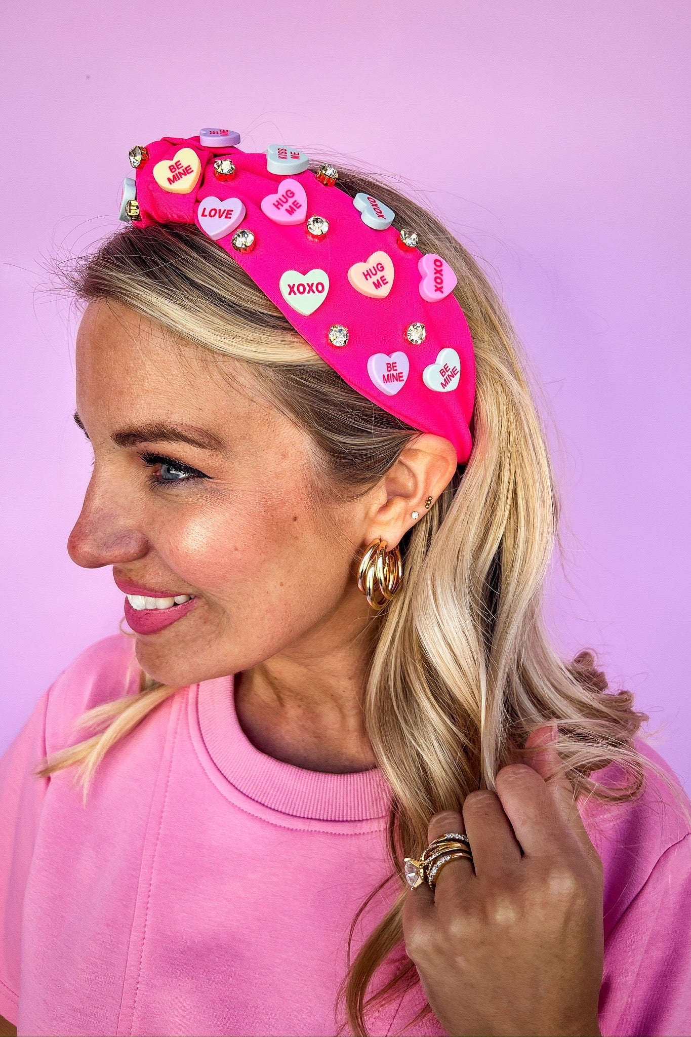 Conversation Heart & Gold Crystal Beaded Headband in Fuchsia